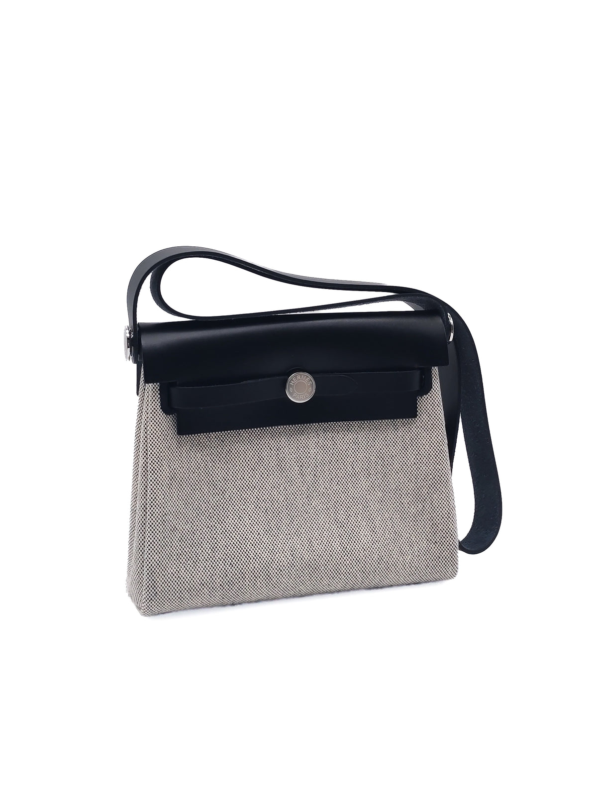 Hermes Mini Herbag Zip Retourne 20 in Ecru Black Military Toile Vache Hunter Stamp G (2026) | Purse Maison Luxury Bags Shop