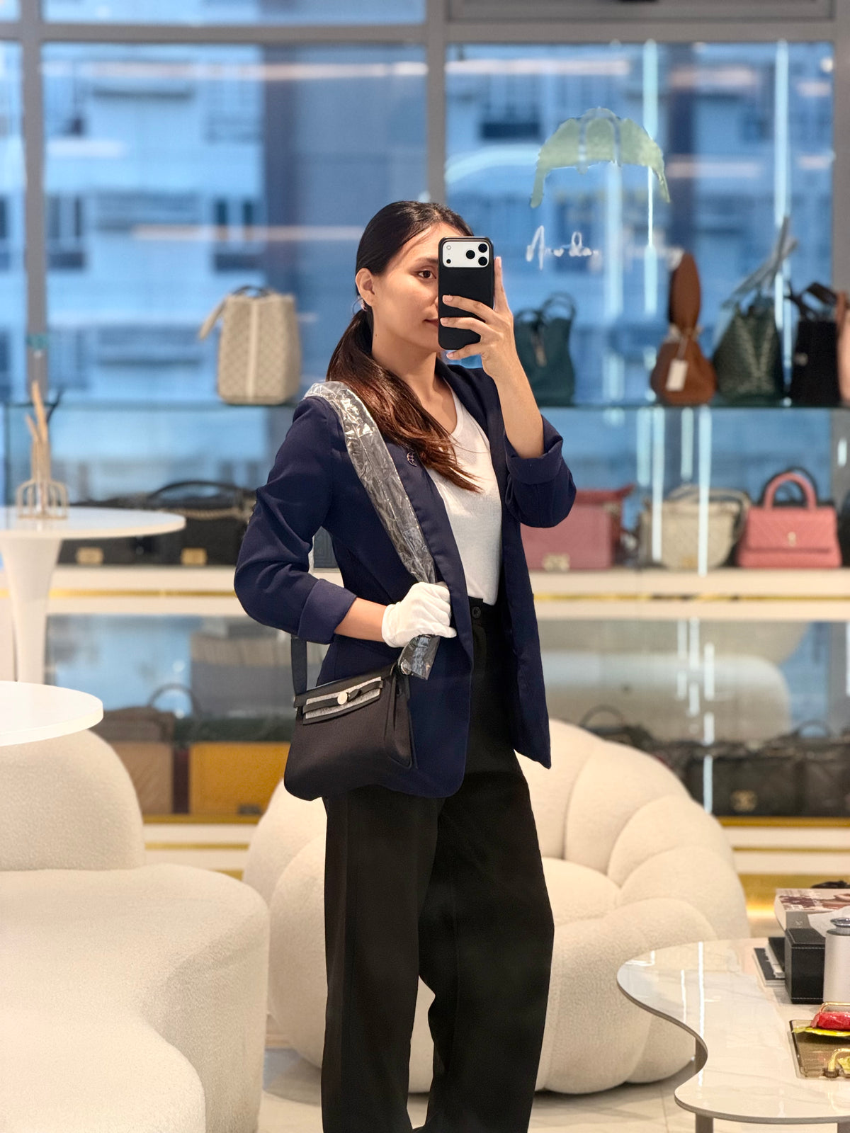 Hermes Mini Herbag Zip RT 20 in Blue Indigo Canvas & Noir Leather Palladium Hardware Stamp G (2026) | Purse Maison Luxury Bags Shop