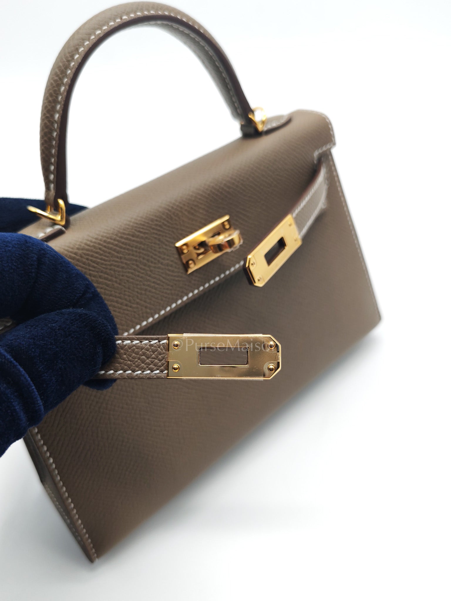 Mini Kelly in Etoupe Epsom Leather and Gold Hardware Stamp G (2026) | Purse Maison Luxury Bags Shop