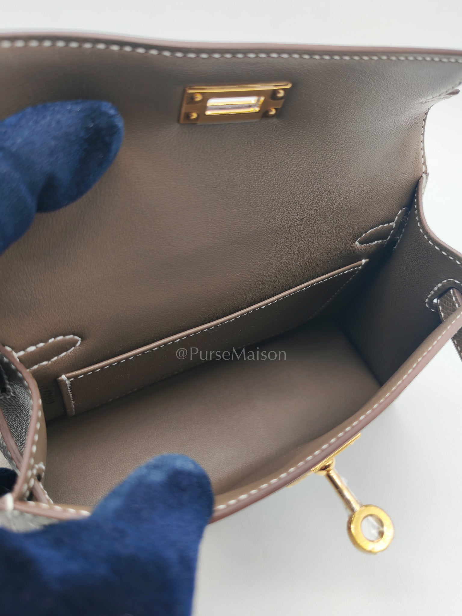 Mini Kelly in Etoupe Epsom Leather and Gold Hardware Stamp G (2026) | Purse Maison Luxury Bags Shop