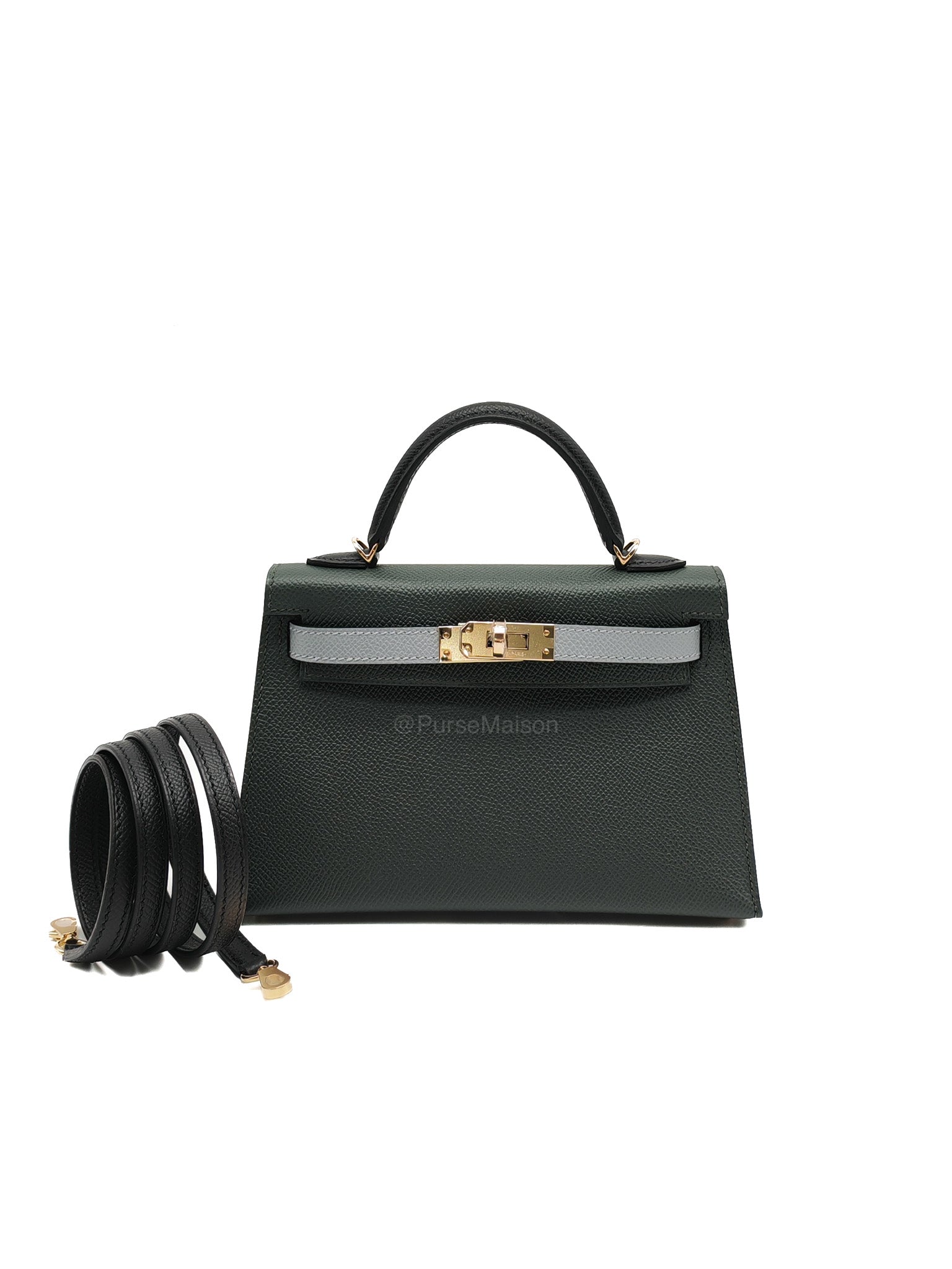 Hermes Mini Kelly Tri-Color Vert Mangrove/Gris Pantin/Noir in Epsom Leather and Palladium Hardware Stamp K (2025) | Purse Maison Luxury Bags Shop