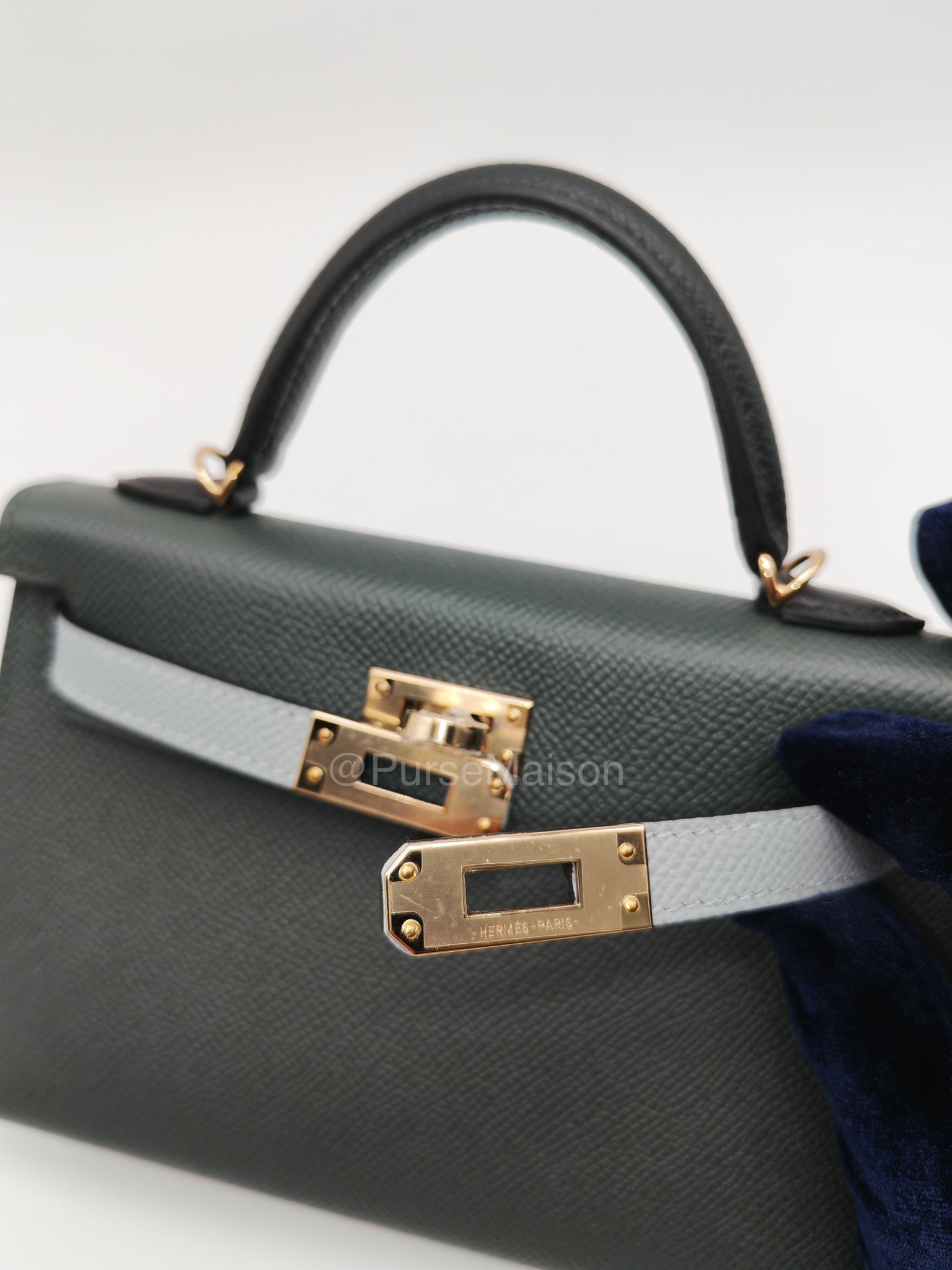 Hermes Mini Kelly Tri-Color Vert Mangrove/Gris Pantin/Noir in Epsom Leather and Palladium Hardware Stamp K (2025) | Purse Maison Luxury Bags Shop