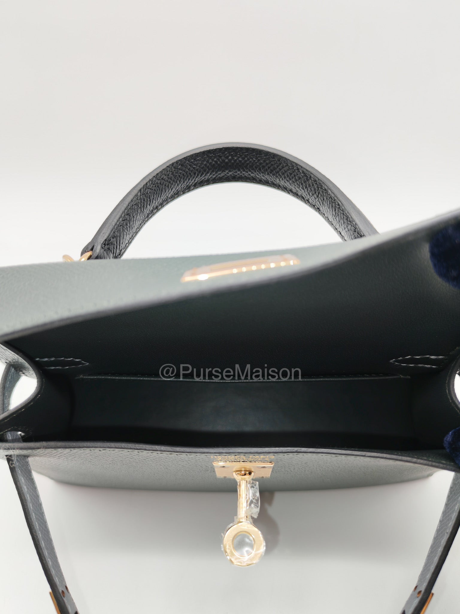 Hermes Mini Kelly Tri-Color Vert Mangrove/Gris Pantin/Noir in Epsom Leather and Palladium Hardware Stamp K (2025) | Purse Maison Luxury Bags Shop