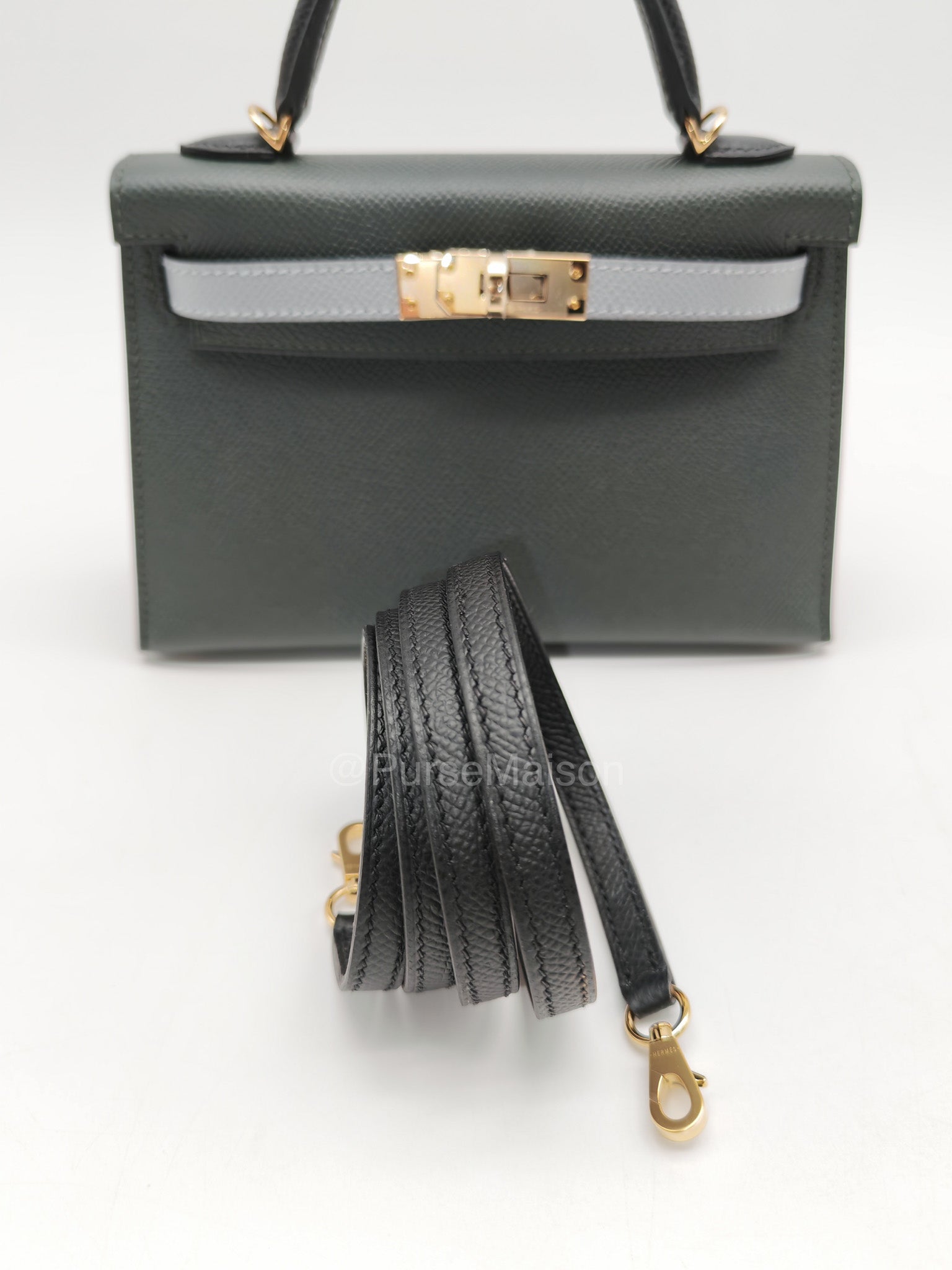 Hermes Mini Kelly Tri-Color Vert Mangrove/Gris Pantin/Noir in Epsom Leather and Palladium Hardware Stamp K (2025) | Purse Maison Luxury Bags Shop