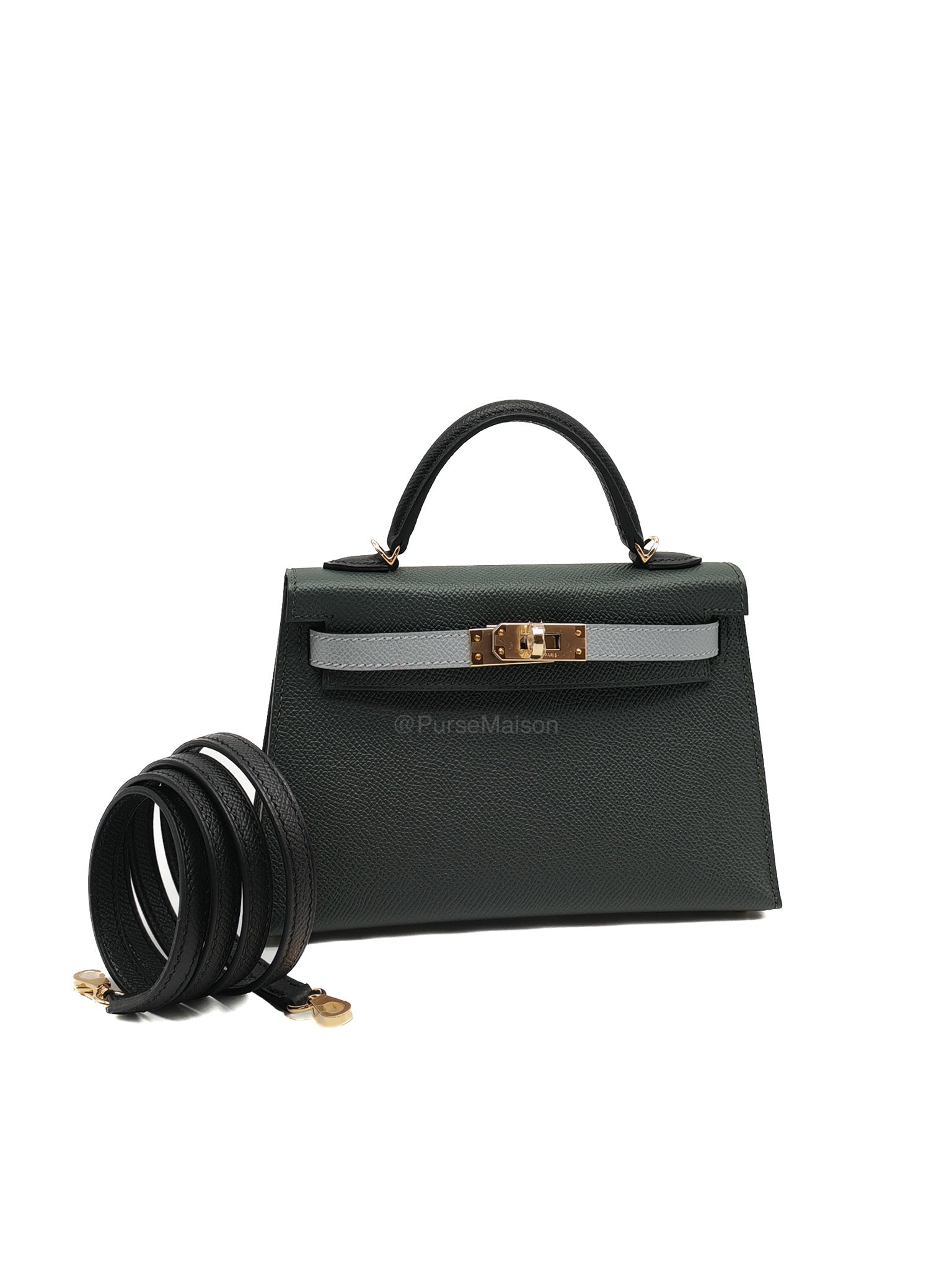 Hermes Mini Kelly Tri-Color Vert Mangrove/Gris Pantin/Noir in Epsom Leather and Palladium Hardware Stamp K (2025) | Purse Maison Luxury Bags Shop