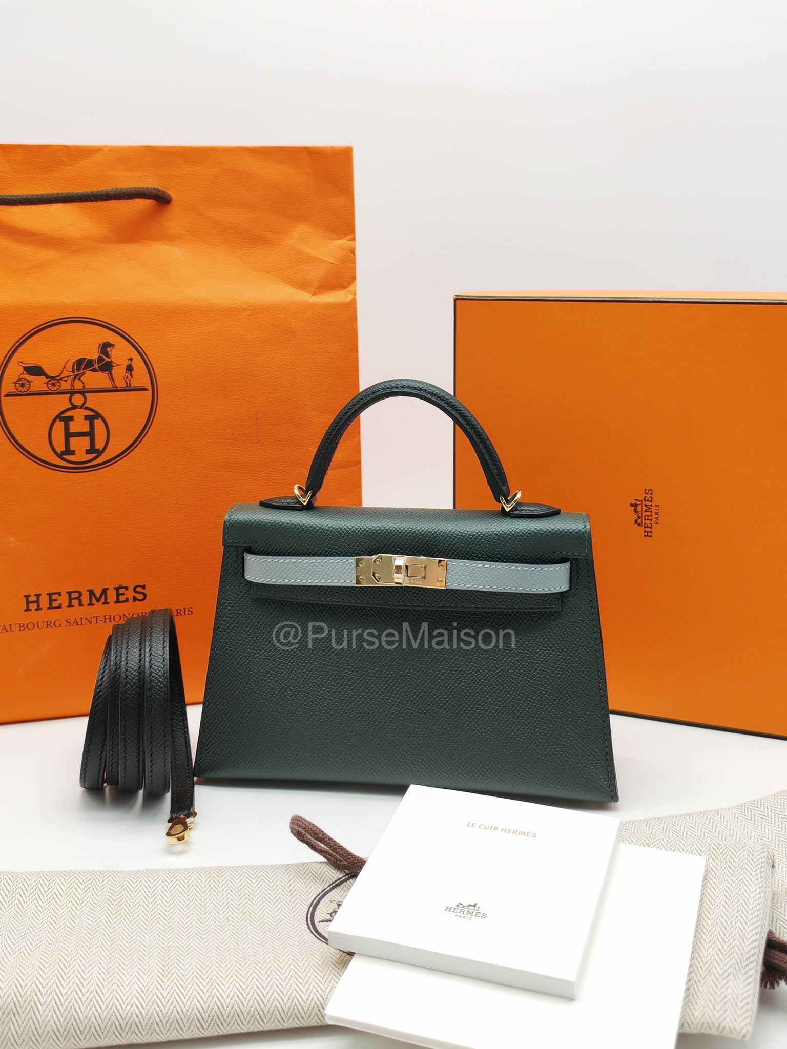 Hermes Mini Kelly Tri-Color Vert Mangrove/Gris Pantin/Noir in Epsom Leather and Palladium Hardware Stamp K (2025) | Purse Maison Luxury Bags Shop
