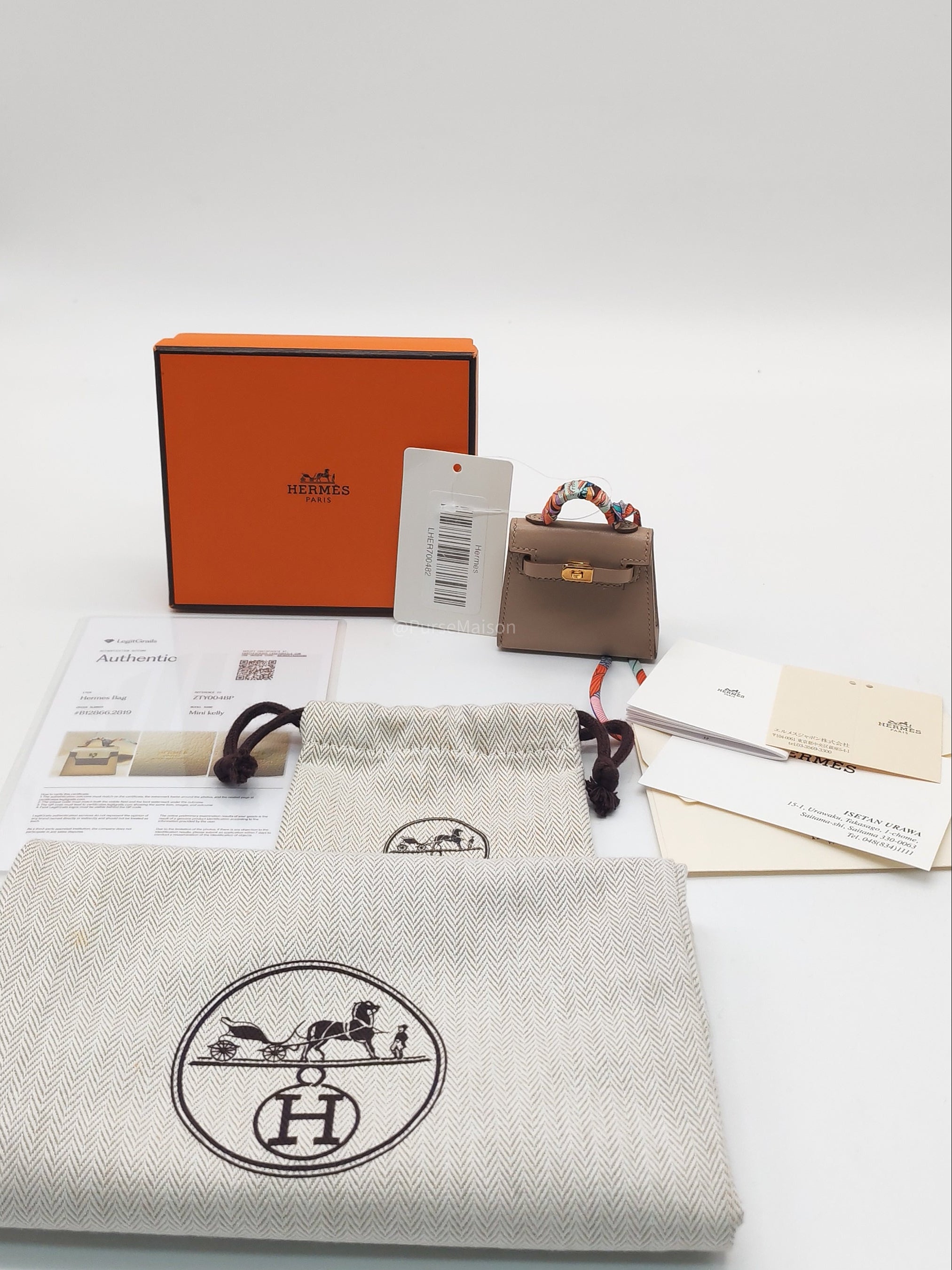 Hermès Mini Kelly Twilly Bag Charm in Argile Tadelakt Leather Gold Hardware Stamp Z(2021) | Purse Maison Luxury Bags Shop