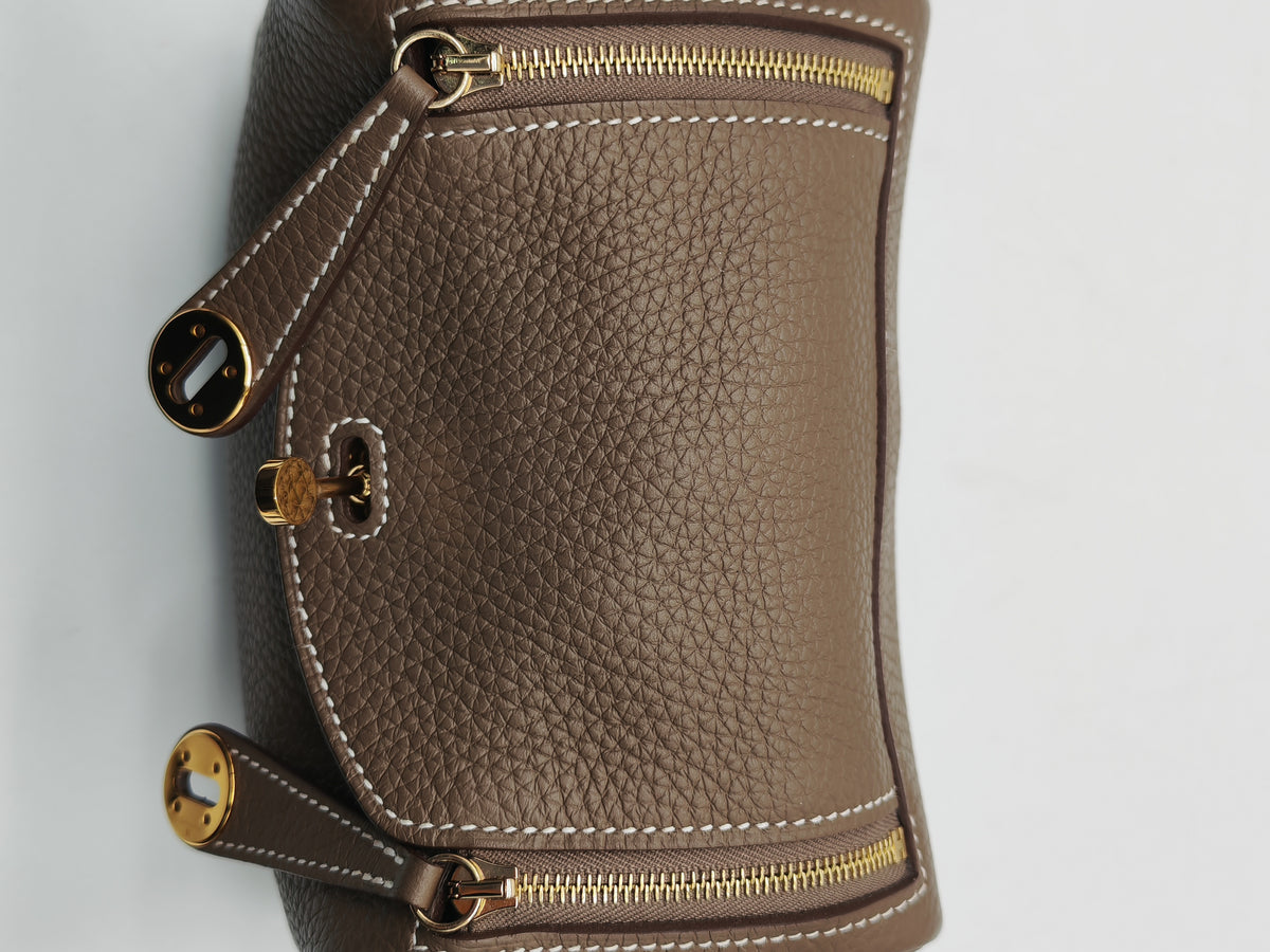 Hermes Mini Lindy in Etoupe Clemence Leather Gold Hardware Stamp U (2022) | Purse Maison Luxury Bags Shop