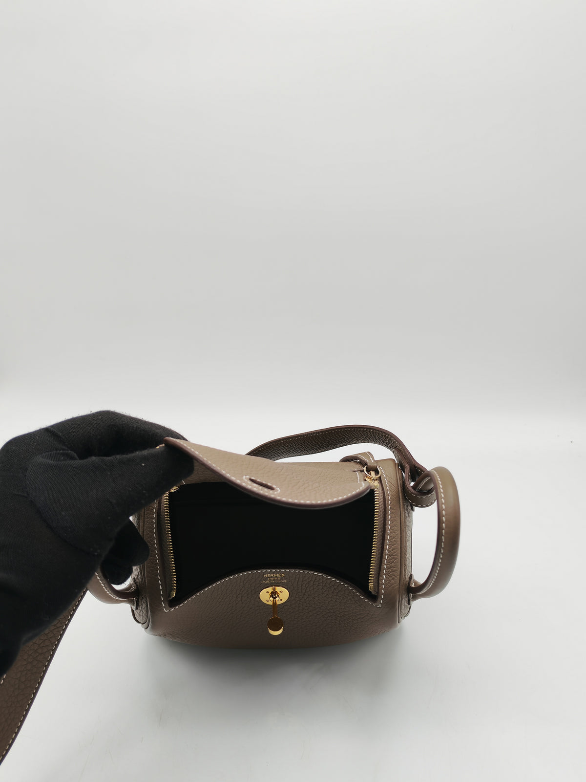 Hermes Mini Lindy in Etoupe Clemence Leather Gold Hardware Stamp U (2022) | Purse Maison Luxury Bags Shop