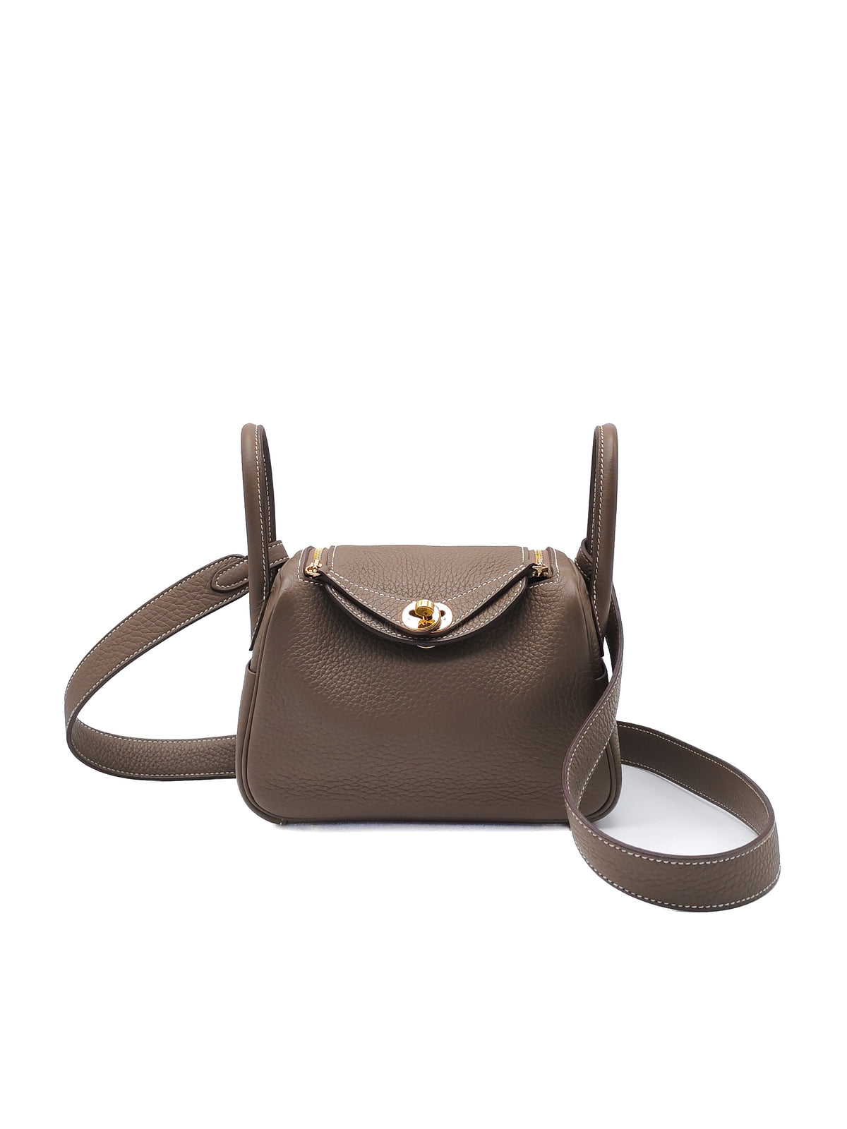 Hermes Mini Lindy in Etoupe Clemence Leather Gold Hardware Stamp U (2022) | Purse Maison Luxury Bags Shop