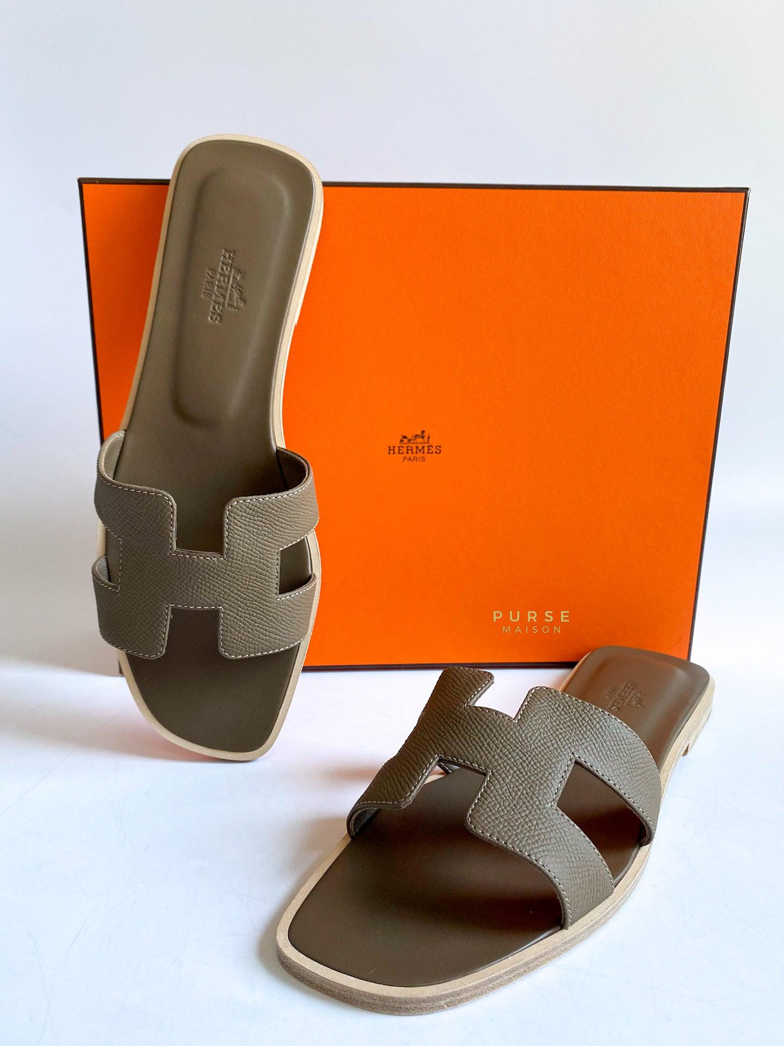 New HERMES Etoupe Grey Epsom Oran Sandals Size 38.5 EU