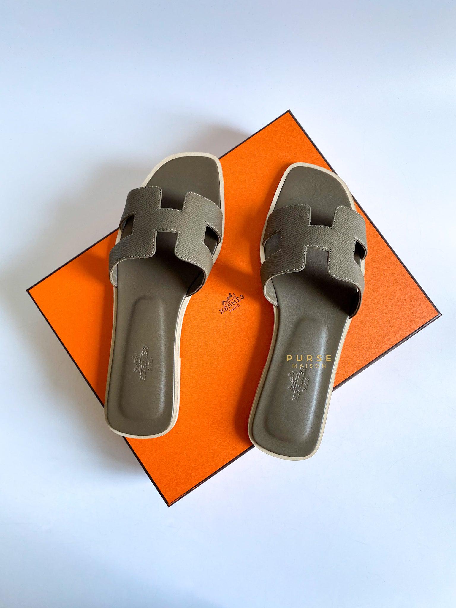 New HERMES Etoupe Grey Epsom Oran Sandals Size 38.5 EU