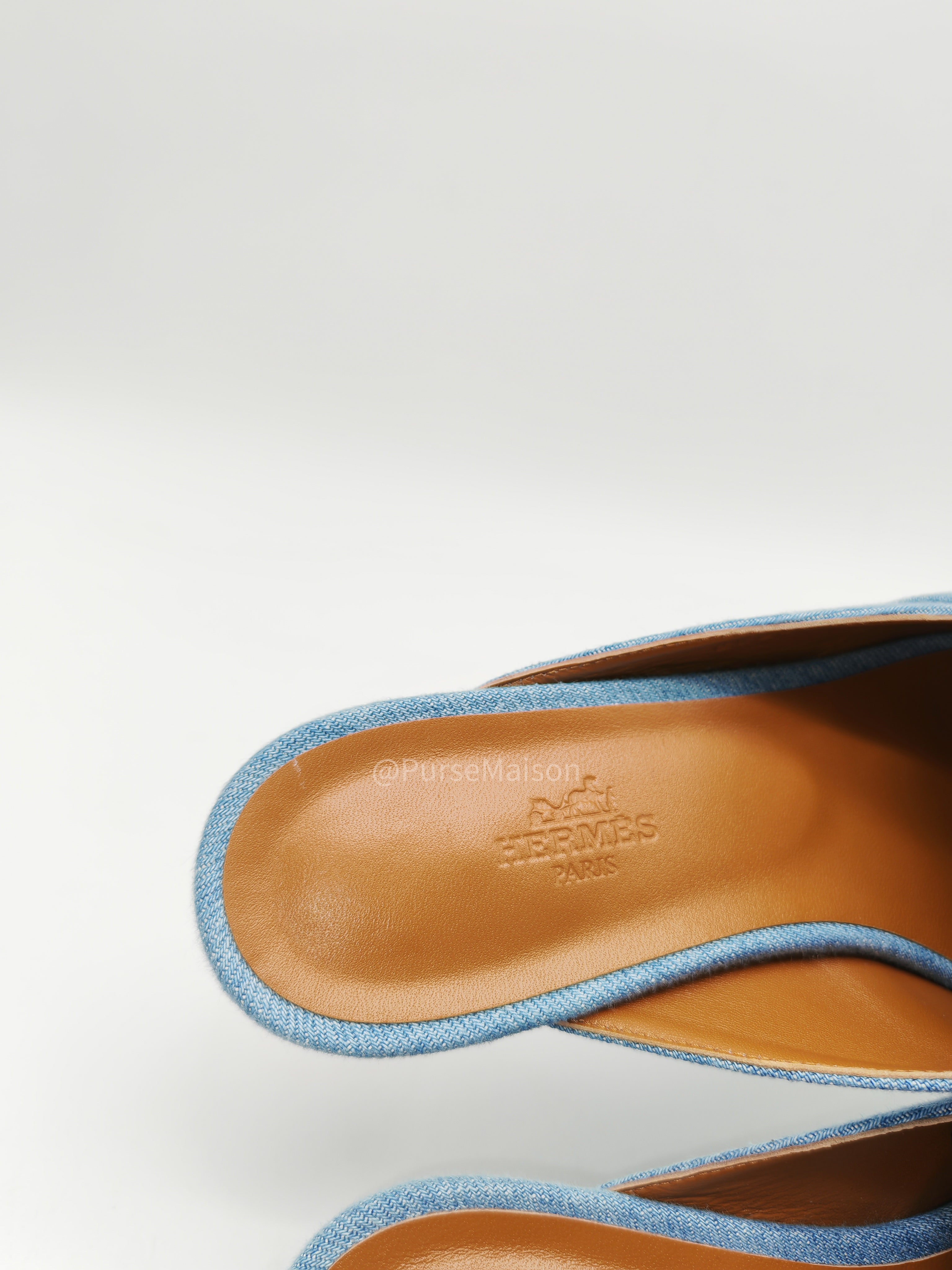 Hermès Oz Mules in Bleu Clair Fringed Denim Accented Palladium Hardware Size 37.5 (24cm) | Purse Maison Luxury Bags Shop