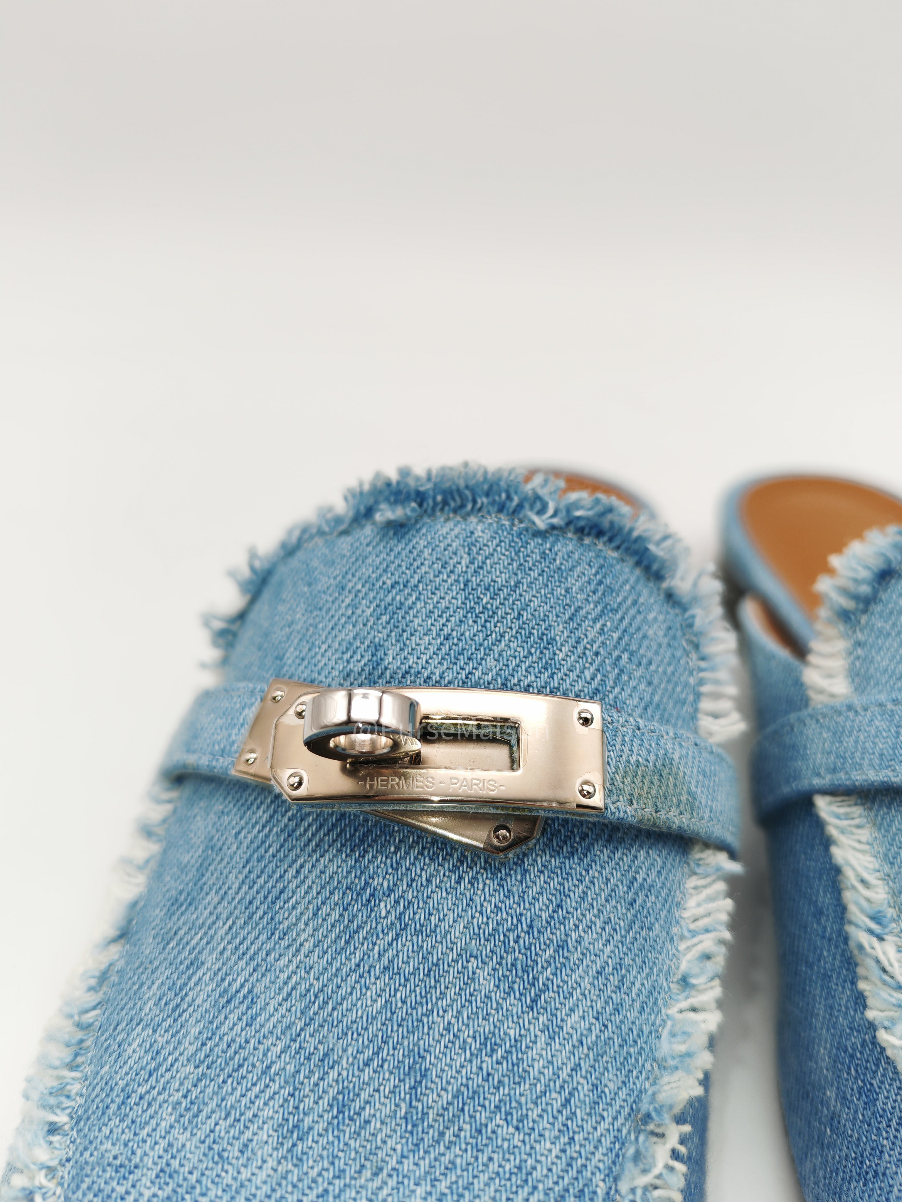 Hermès Oz Mules in Bleu Clair Fringed Denim Accented Palladium Hardware Size 37.5 (24cm) | Purse Maison Luxury Bags Shop