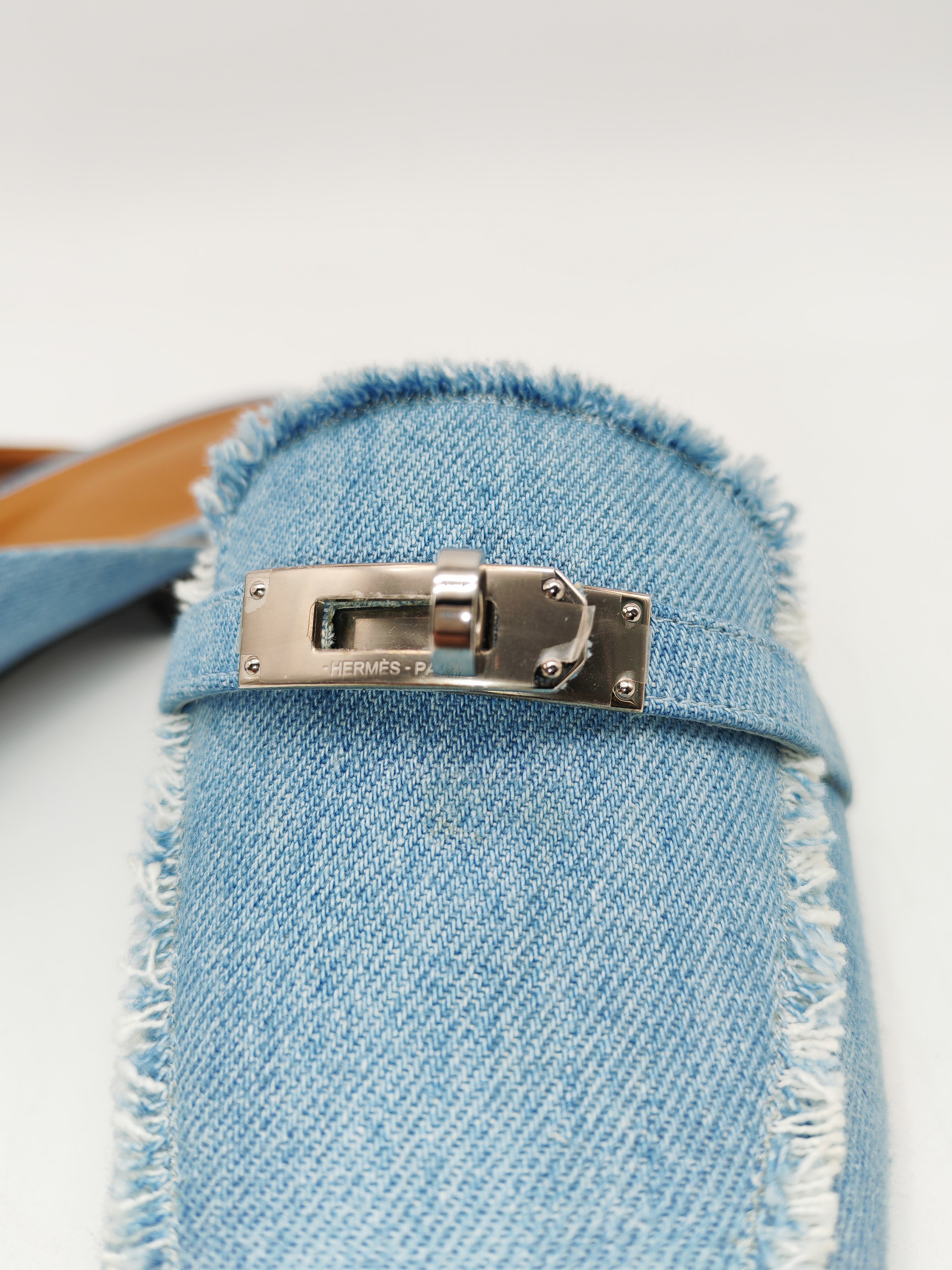 Hermès Oz Mules in Bleu Clair Fringed Denim Accented Palladium Hardware Size 37.5 (24cm) | Purse Maison Luxury Bags Shop