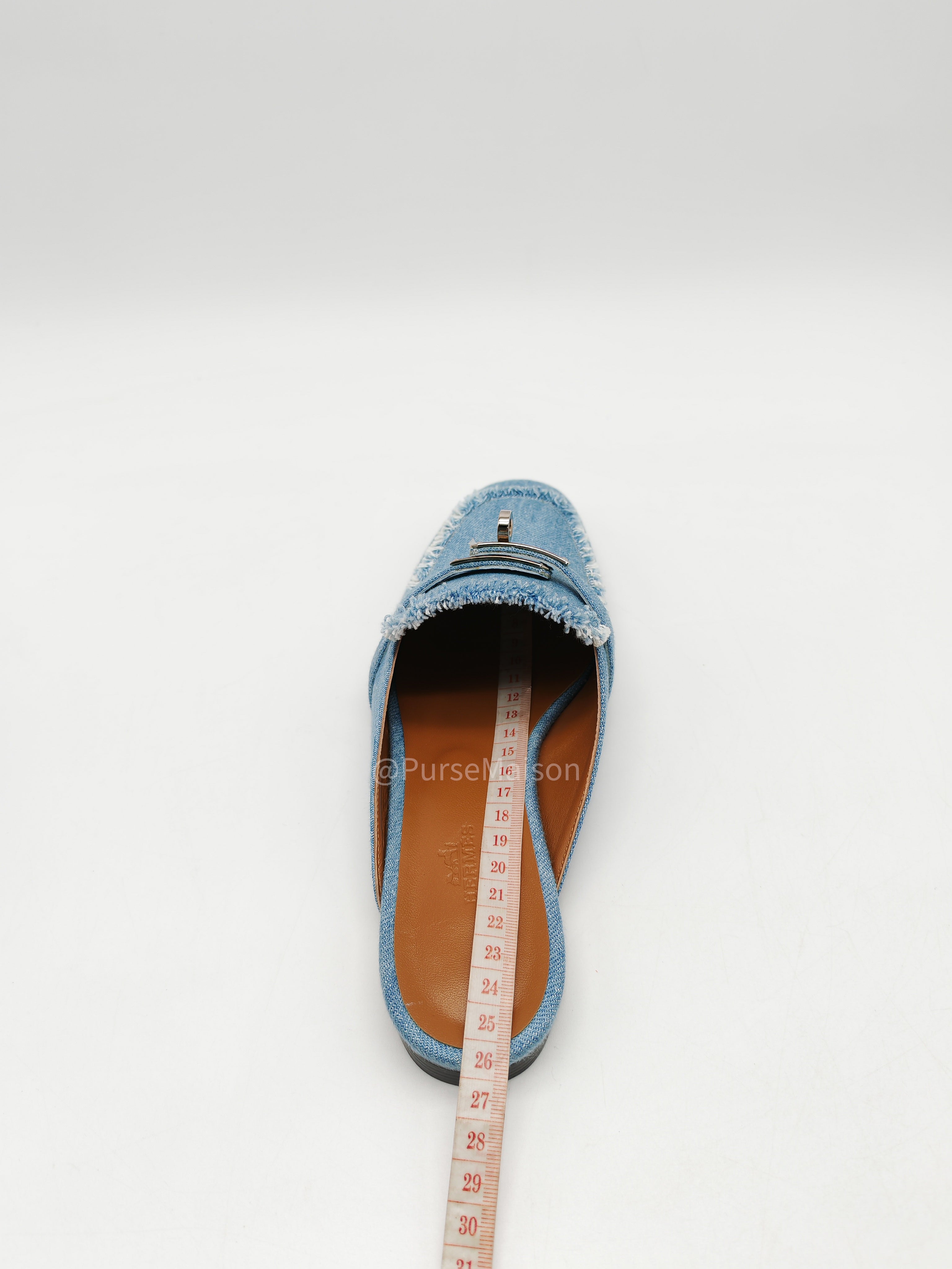 Hermès Oz Mules in Bleu Clair Fringed Denim Accented Palladium Hardware Size 37.5 (24cm) | Purse Maison Luxury Bags Shop