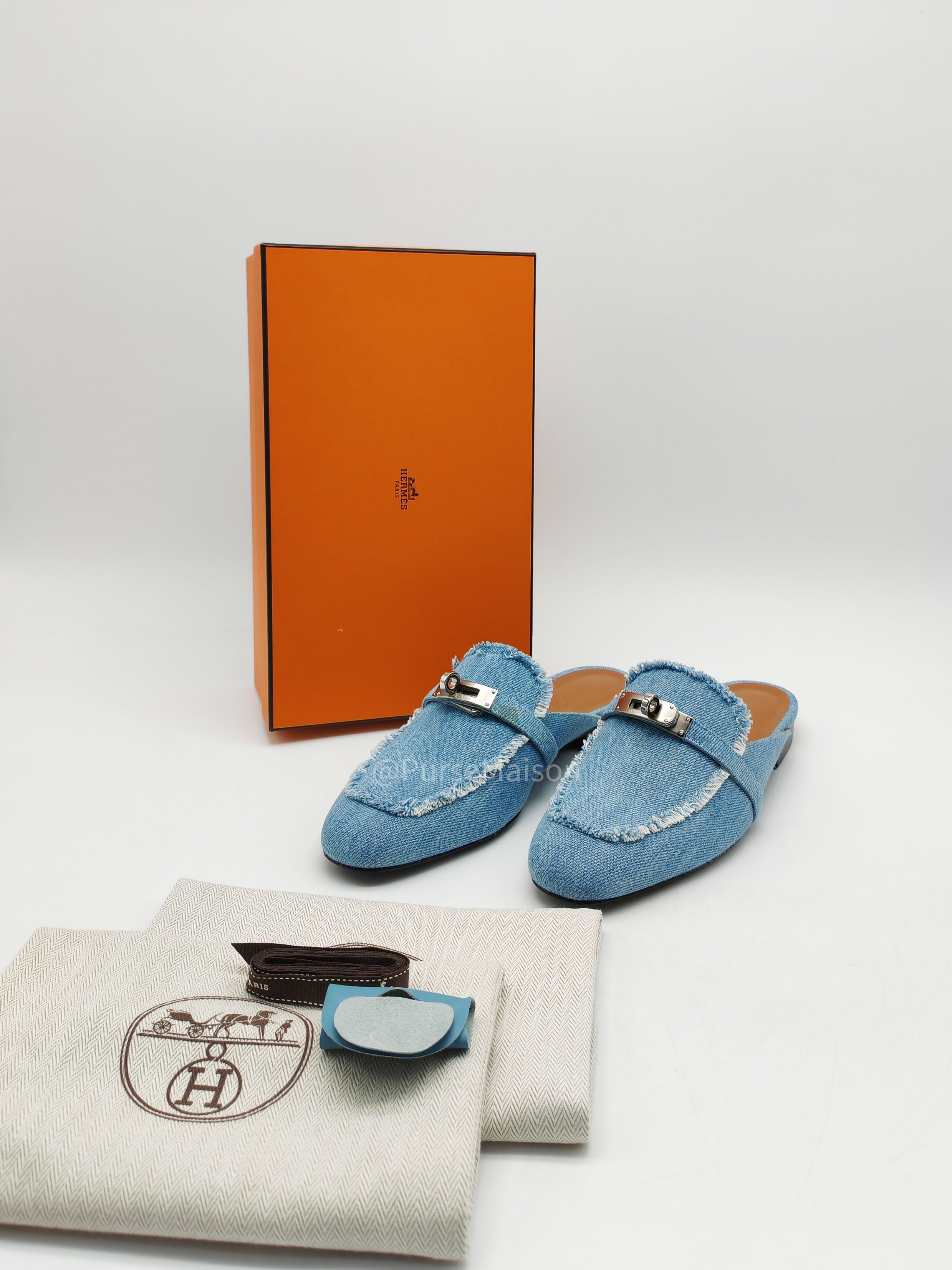 Hermès Oz Mules in Bleu Clair Fringed Denim Accented Palladium Hardware Size 37.5 (24cm) | Purse Maison Luxury Bags Shop