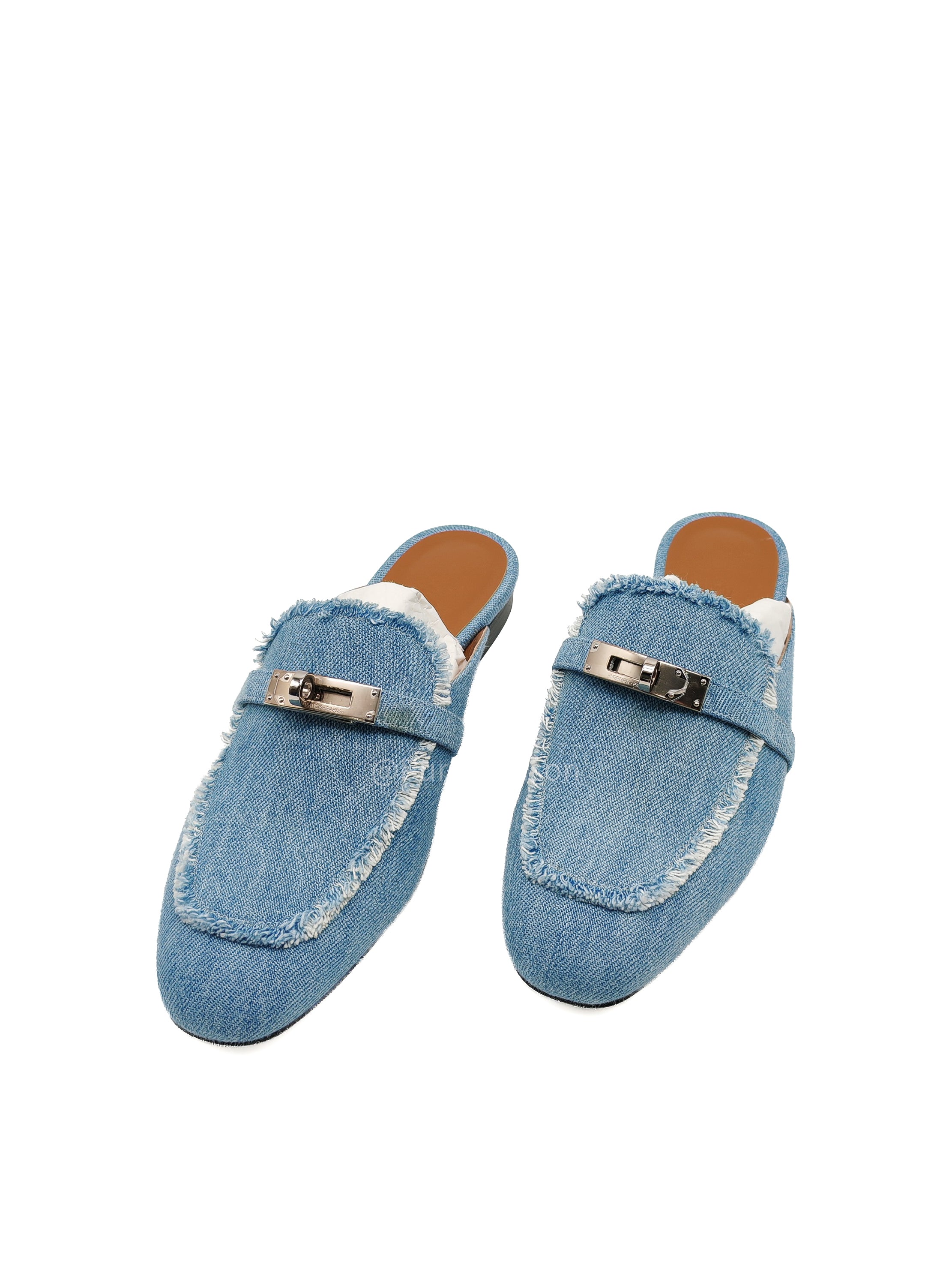 Hermès Oz Mules in Bleu Clair Fringed Denim Accented Palladium Hardware Size 37.5 (24cm) | Purse Maison Luxury Bags Shop