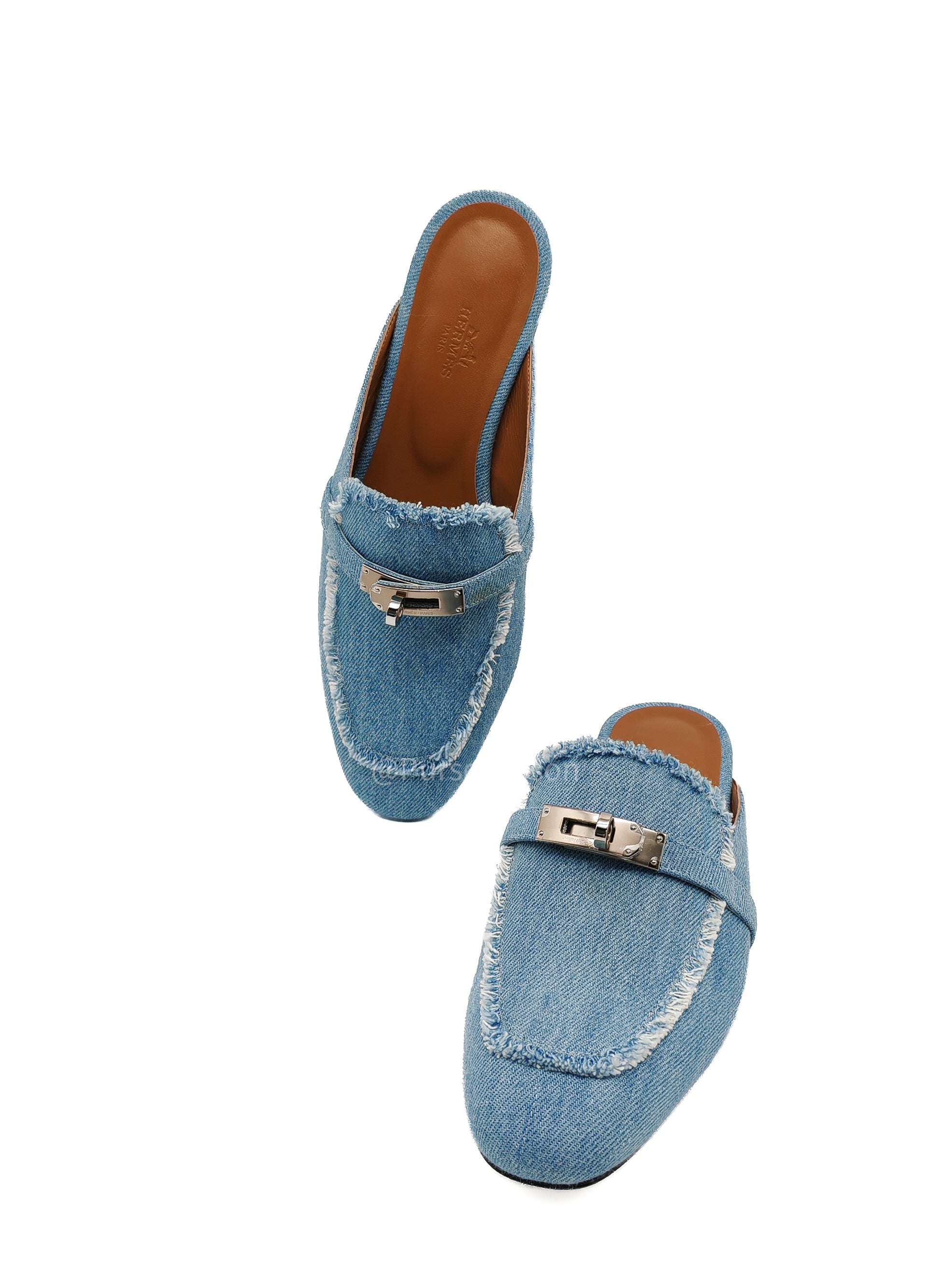 Hermès Oz Mules in Bleu Clair Fringed Denim Accented Palladium Hardware Size 37.5 (24cm) | Purse Maison Luxury Bags Shop