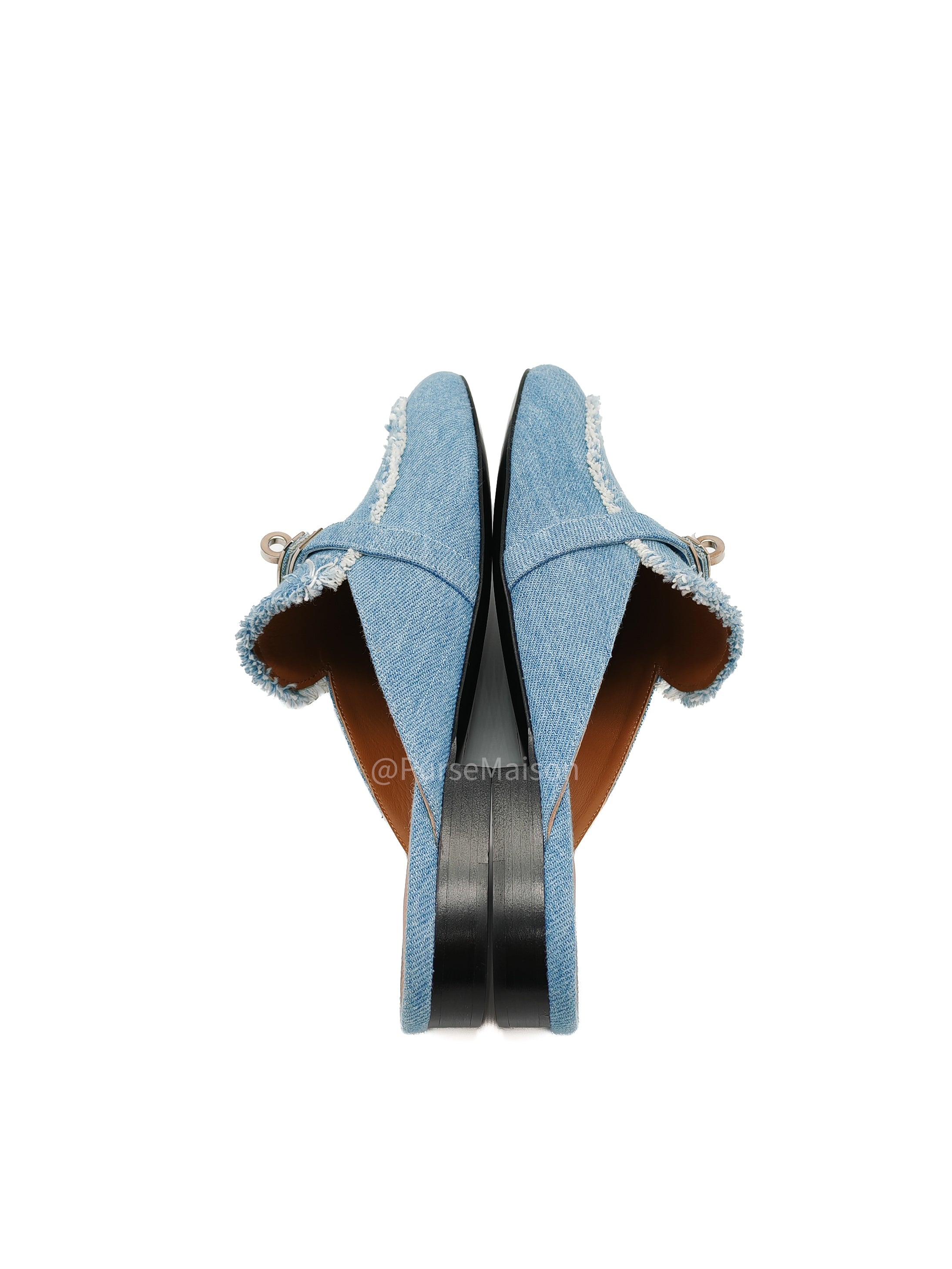 Hermès Oz Mules in Bleu Clair Fringed Denim Accented Palladium Hardware Size 37.5 (24cm) | Purse Maison Luxury Bags Shop