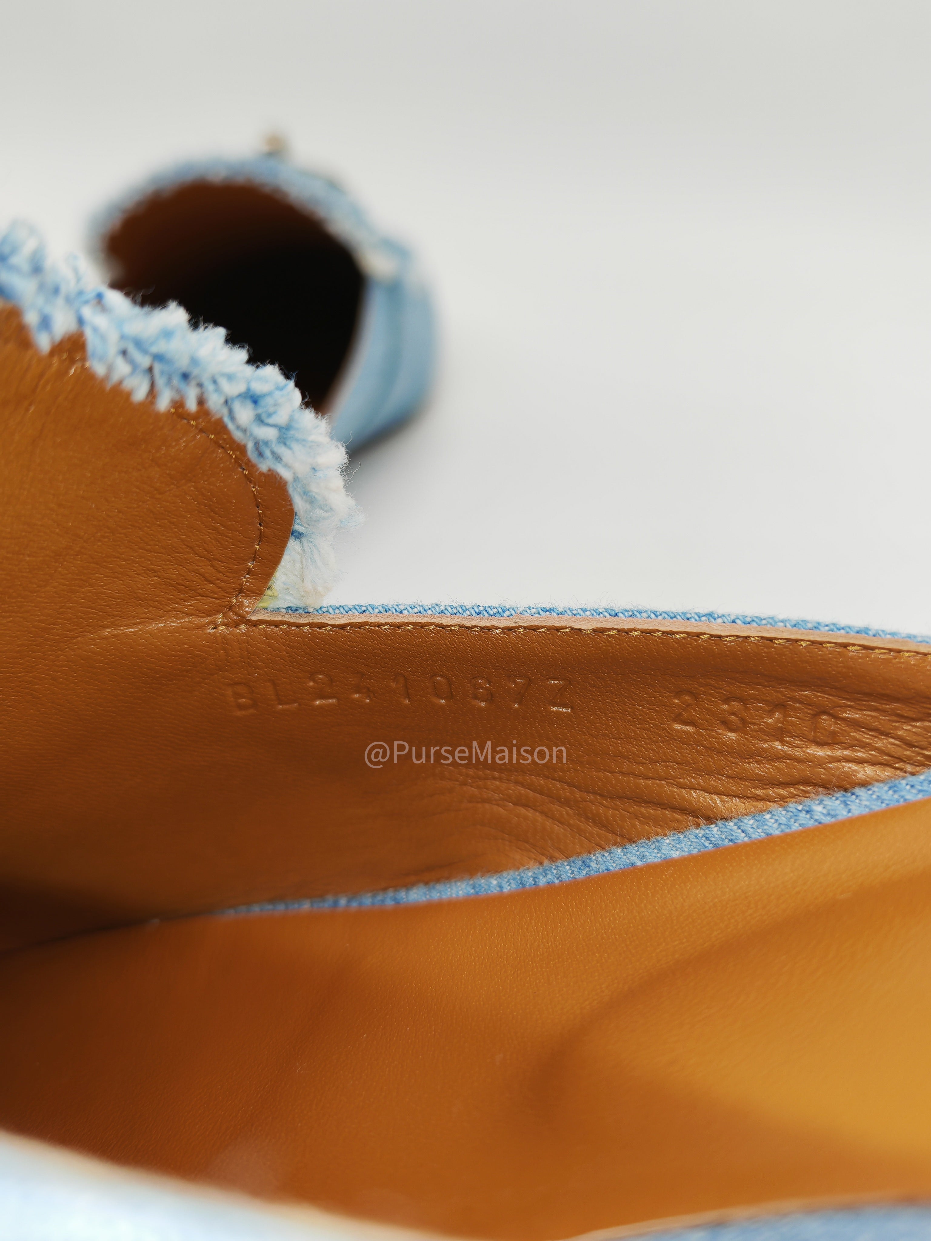 Hermès Oz Mules in Bleu Clair Fringed Denim Accented Palladium Hardware Size 37.5 (24cm) | Purse Maison Luxury Bags Shop