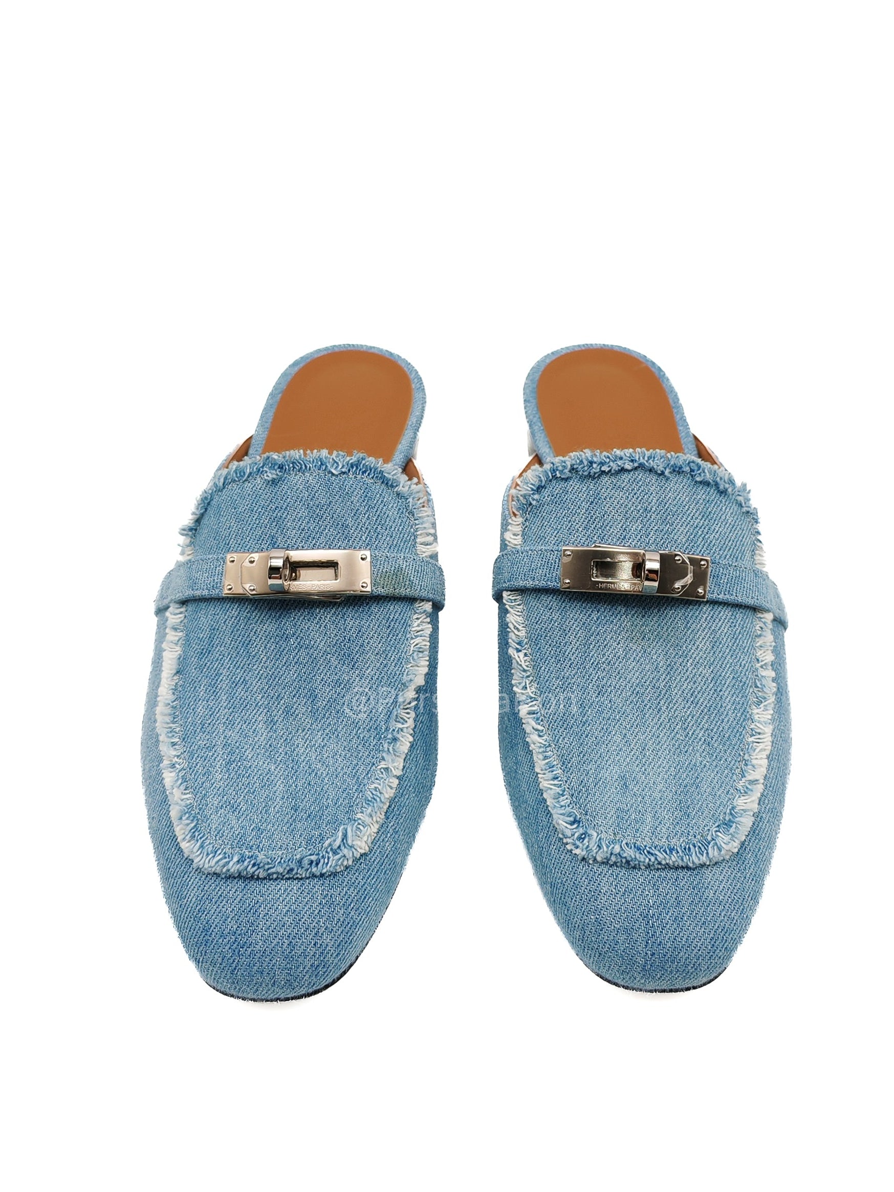 Hermès Oz Mules in Bleu Clair Fringed Denim Accented Palladium Hardware Size 37.5 (24cm) | Purse Maison Luxury Bags Shop
