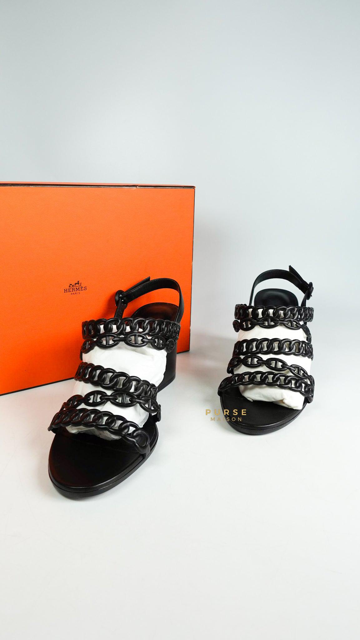 Hermes Romanza Black Leather Sandals (Size 40 EU, 26cm)