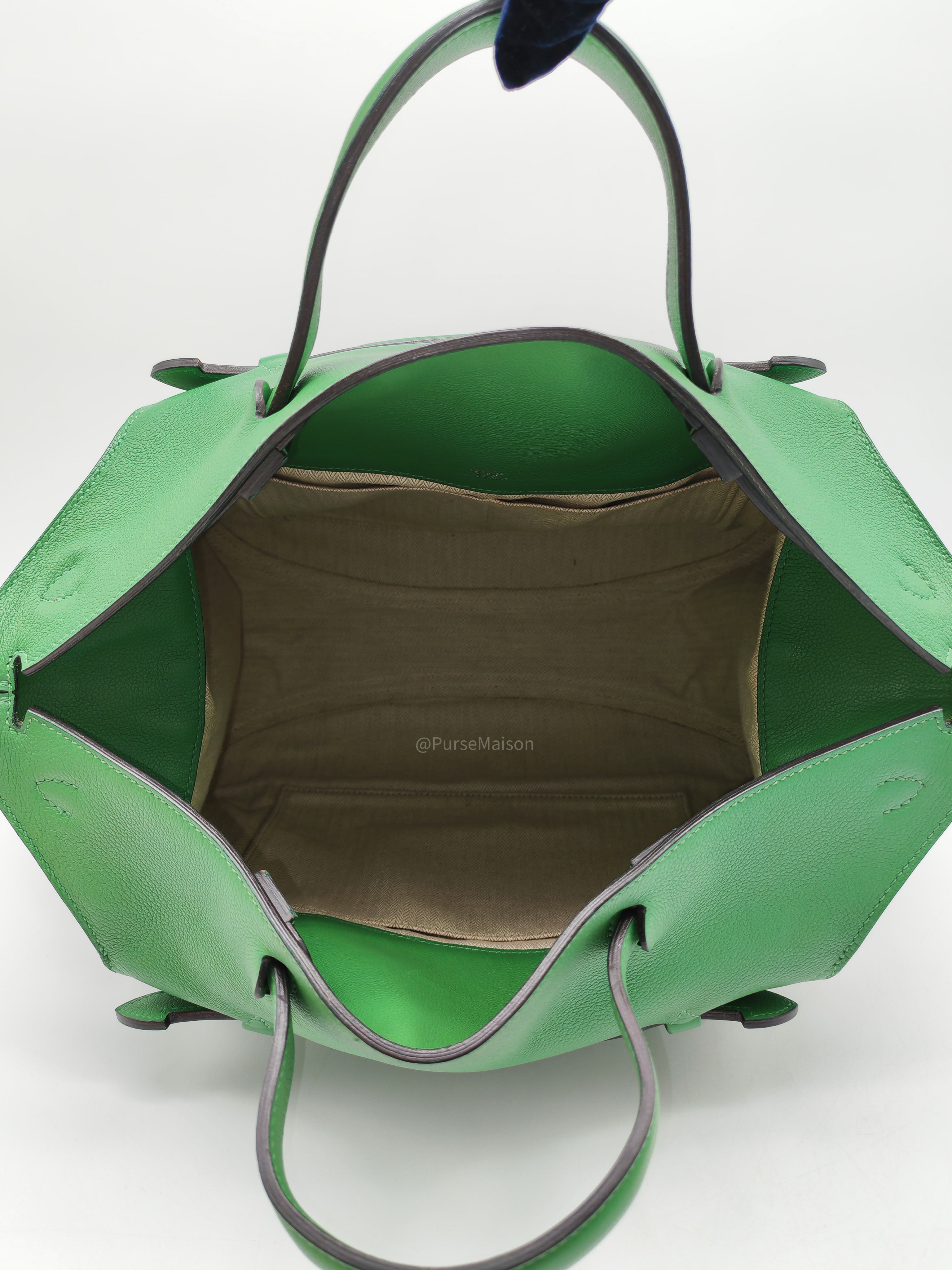 HERMÈS Sac Oxer Top Handle Bag Lager in Bambou Evercolor Leather Palladium Hardware Stamp T(2015) | Purse Maison Luxury Bags Shop