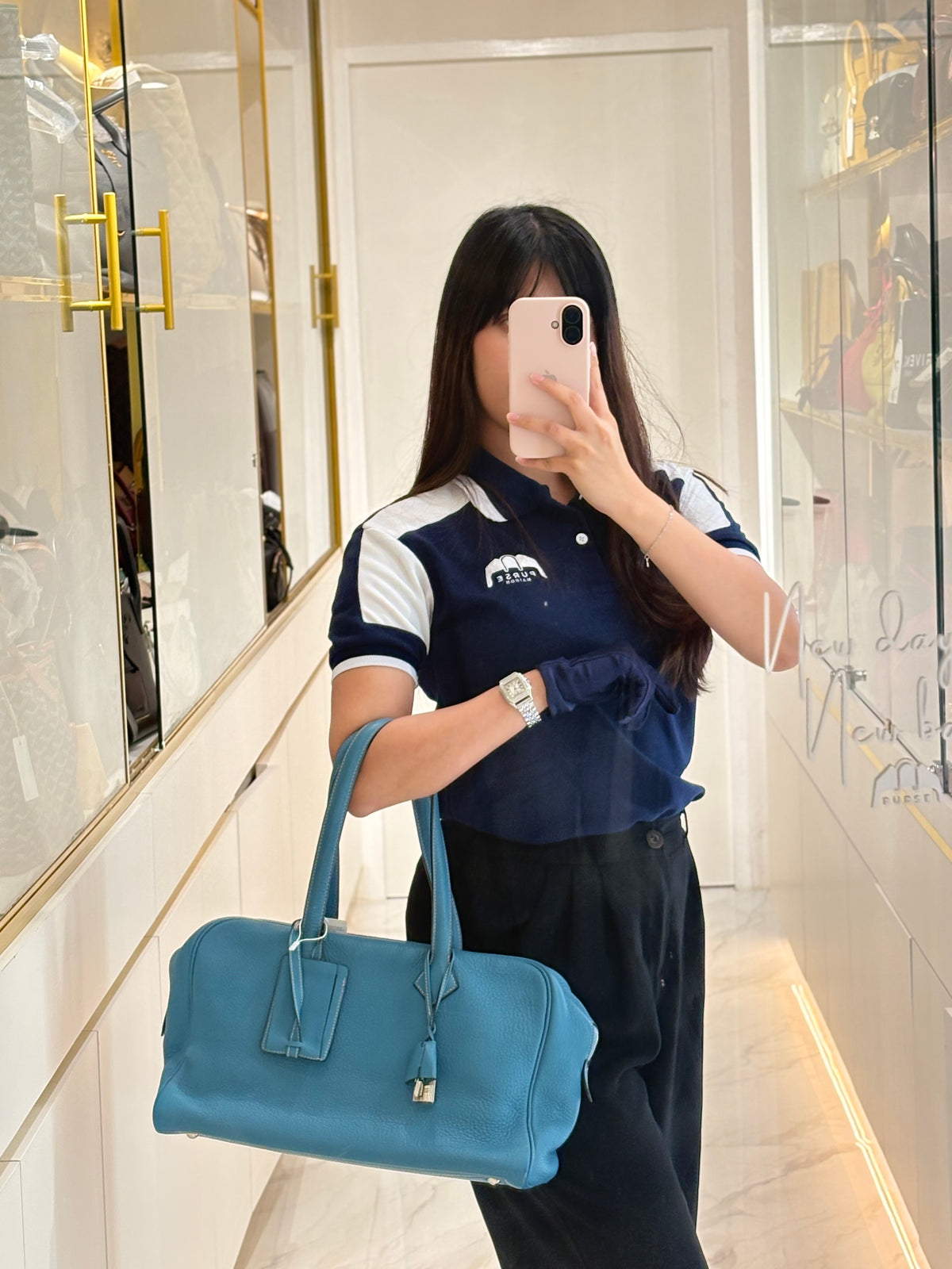 Hermes Victoria ll 35 Bag in Blue Jean Clemence Leather and Palladium Hardware Stamp Square K (2007) | Purse Maison Luxury Bags Shop