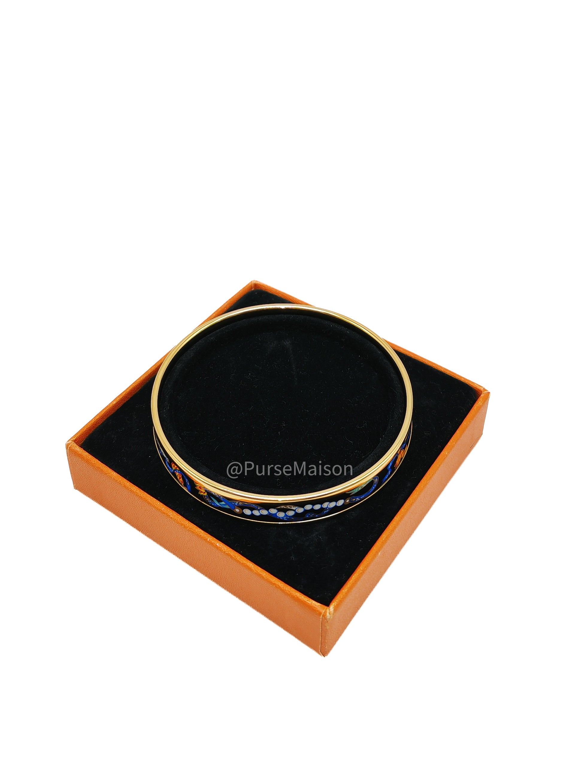 Hermes Plated Narrow Folded Fans and Ribbon Enamel Bangle (Size 7.0cm)