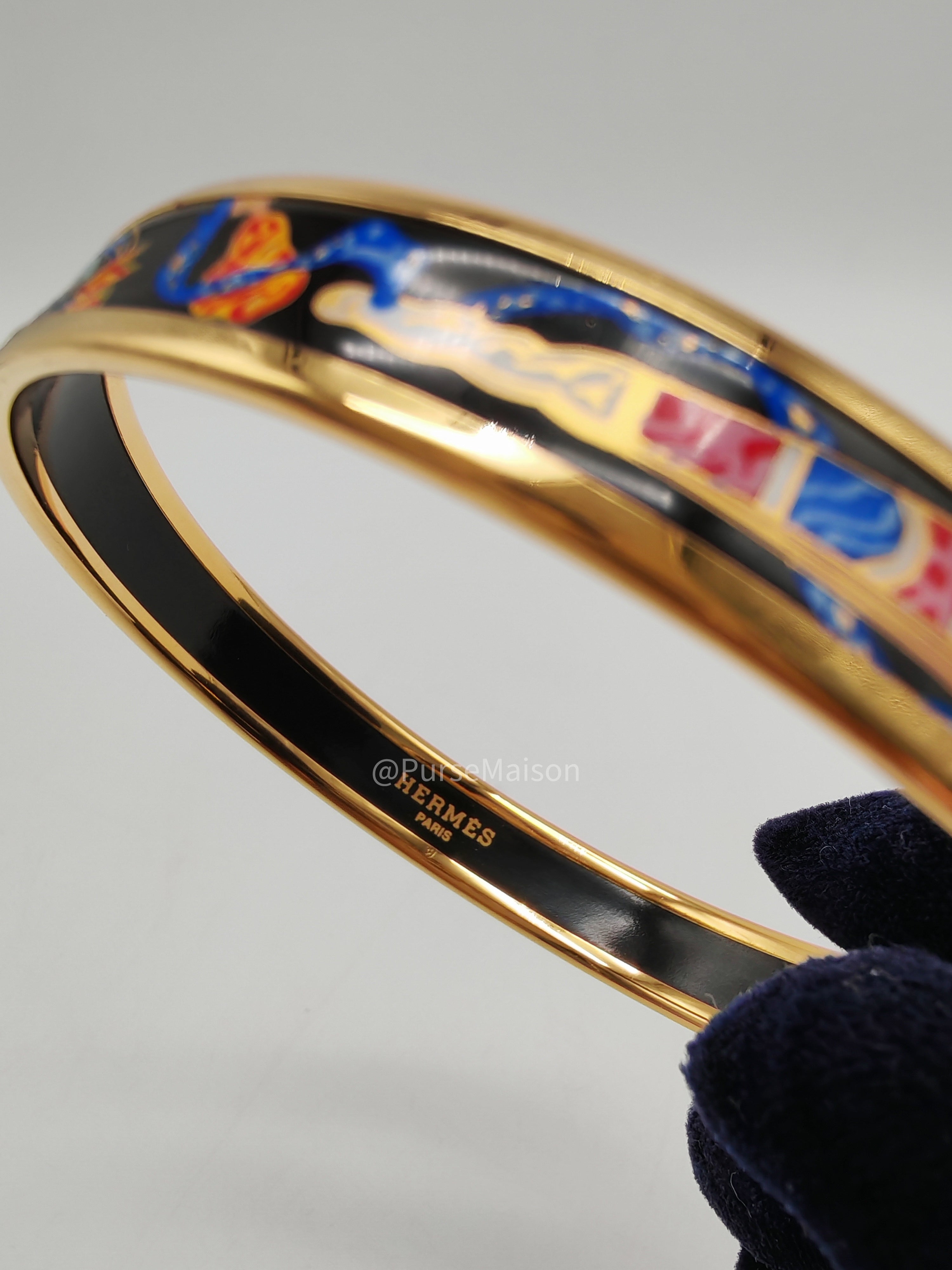 Hermes Plated Narrow Folded Fans and Ribbon Enamel Bangle (Size 7.0cm)