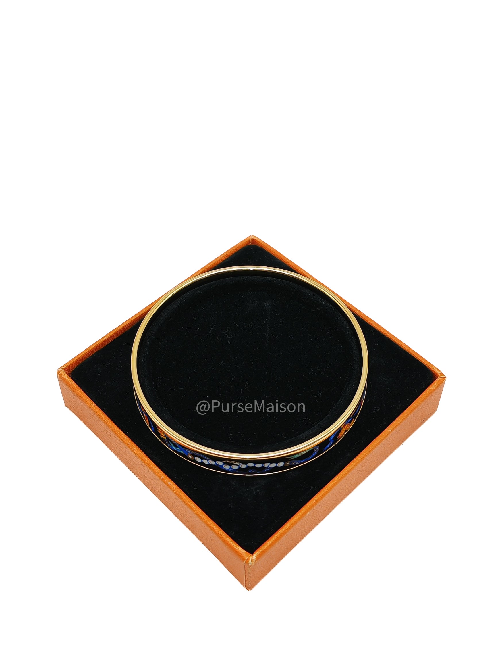 Hermes Plated Narrow Folded Fans and Ribbon Enamel Bangle (Size 7.0cm)