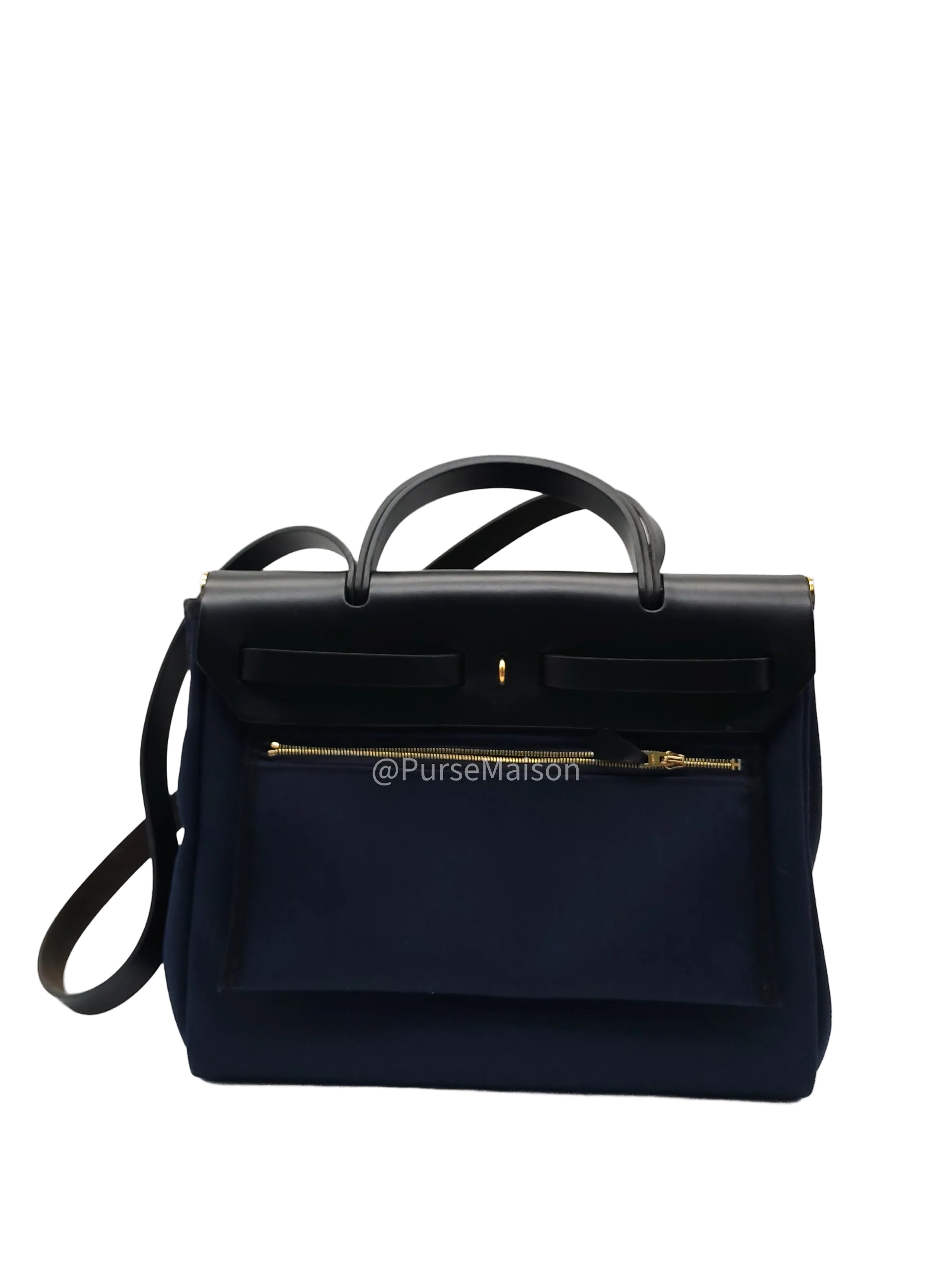 Hermes Zip 31 Blue Marine Canvas & Black Leather Gold Hardware Stamp Z(2021)