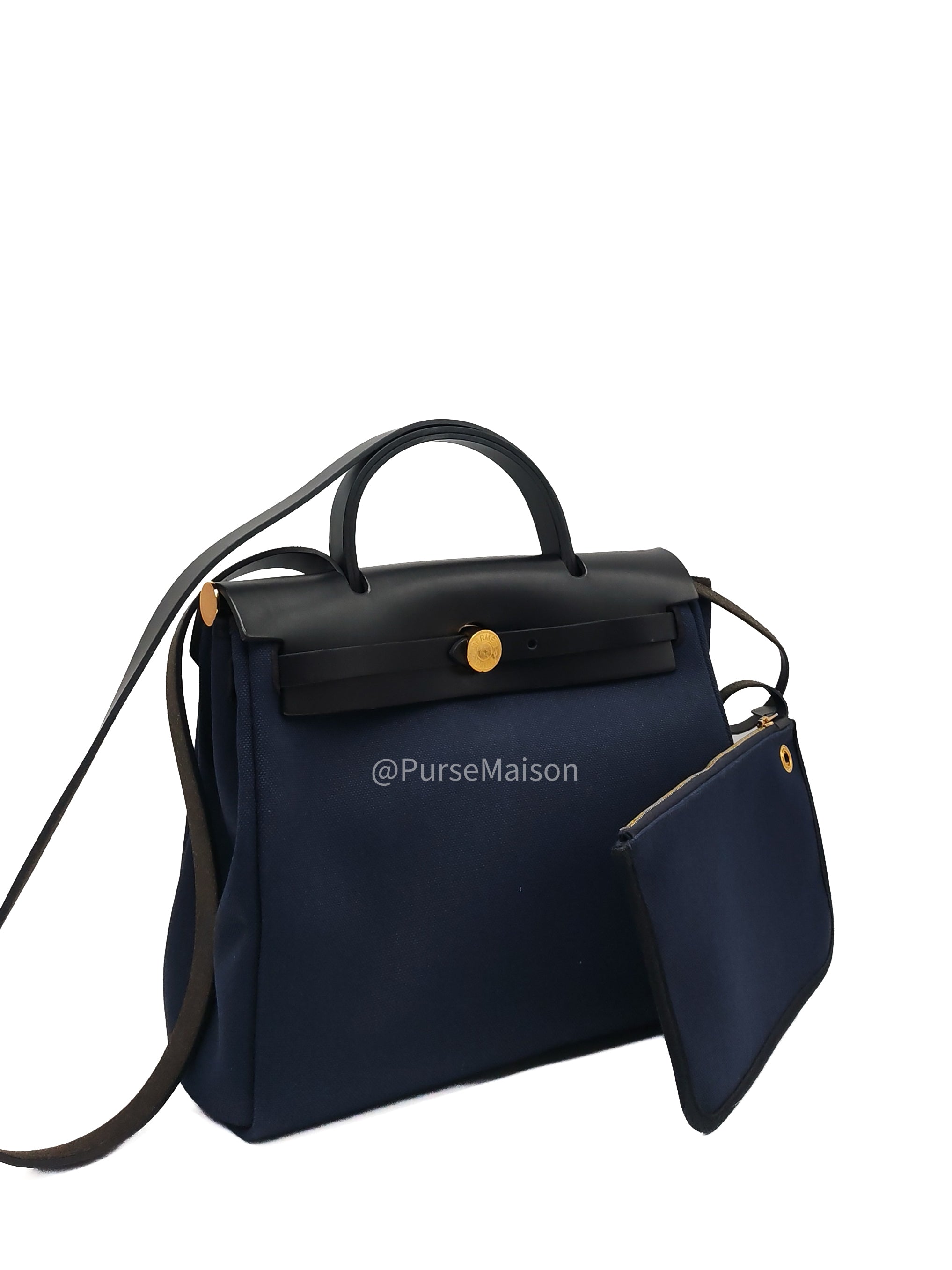 Hermes Zip 31 Blue Marine Canvas & Black Leather Gold Hardware Stamp Z(2021)