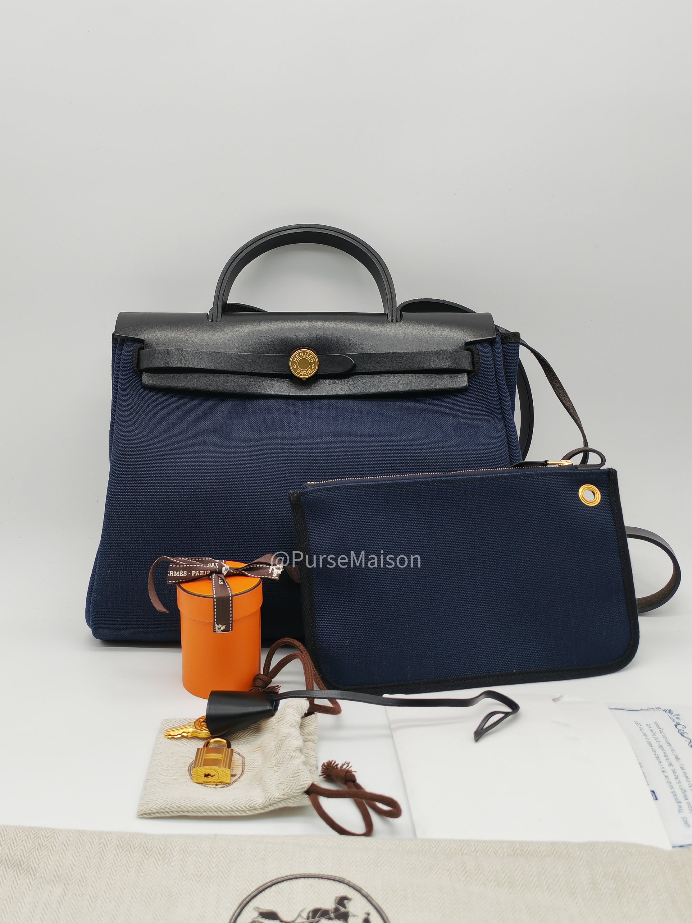 Hermes Zip 31 Blue Marine Canvas & Black Leather Gold Hardware Stamp Z(2021)