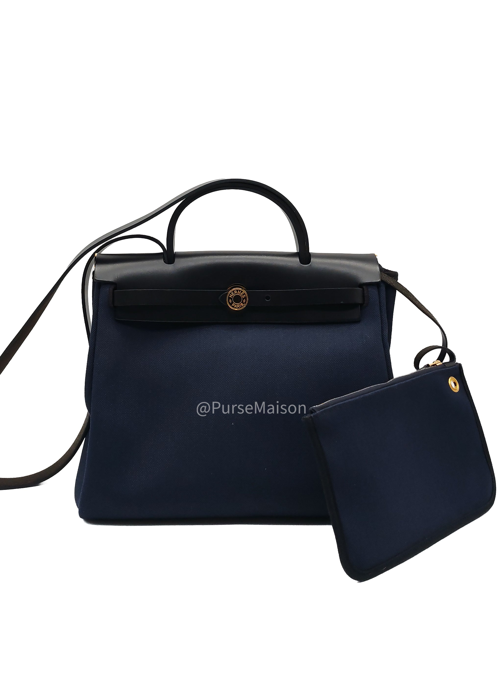 Hermes Zip 31 Blue Marine Canvas & Black Leather Gold Hardware Stamp Z(2021)