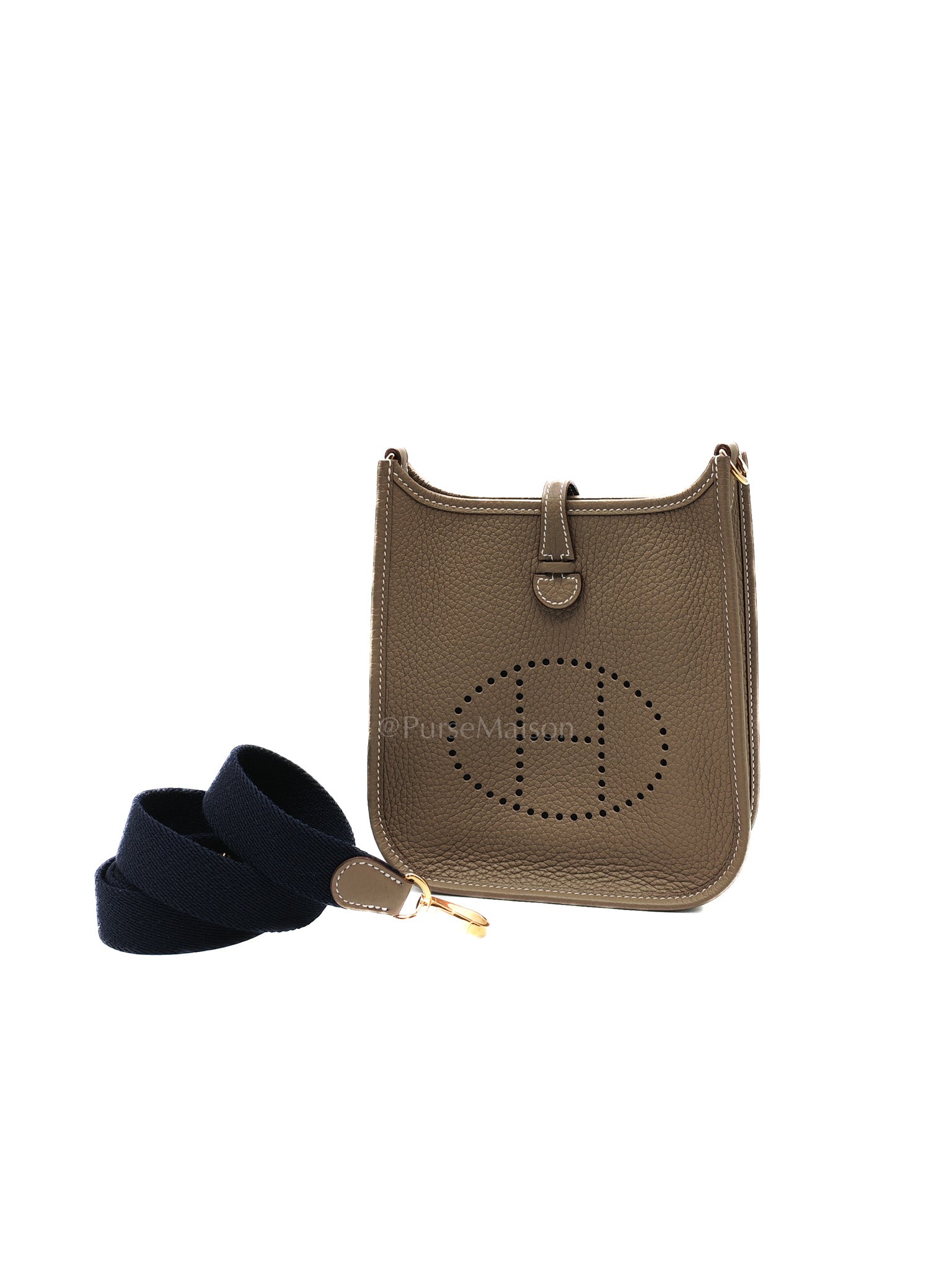 Hermes Evelyne 16 TPM in Etoupe Clemence with Navy Blue Strap Leather Gold Hardware Stamp W(2024)