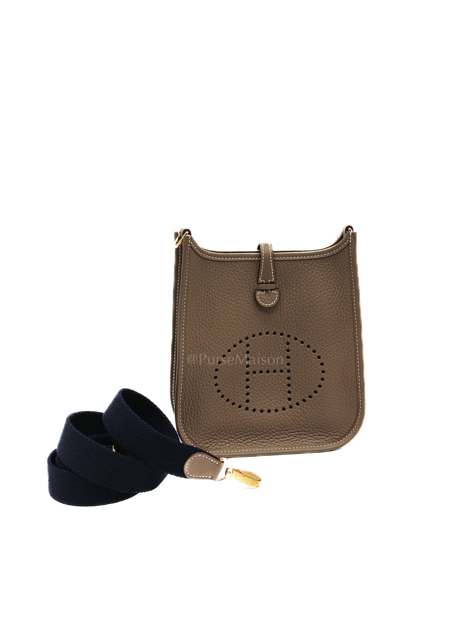 Hermes Evelyne 16 TPM in Etoupe Clemence with Navy Blue Strap Leather Gold Hardware Stamp W(2024)