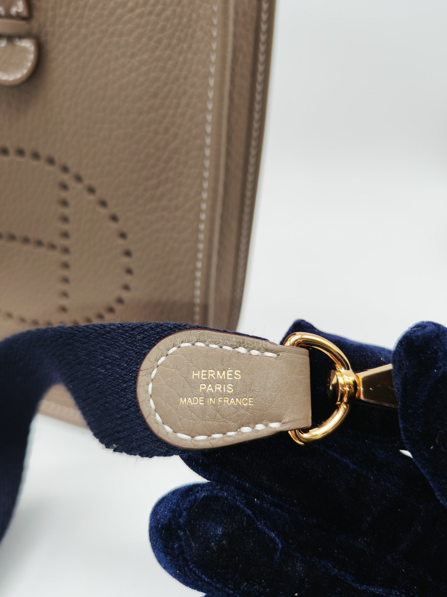 Hermes Evelyne 16 TPM in Etoupe Clemence with Navy Blue Strap Leather Gold Hardware Stamp W(2024)