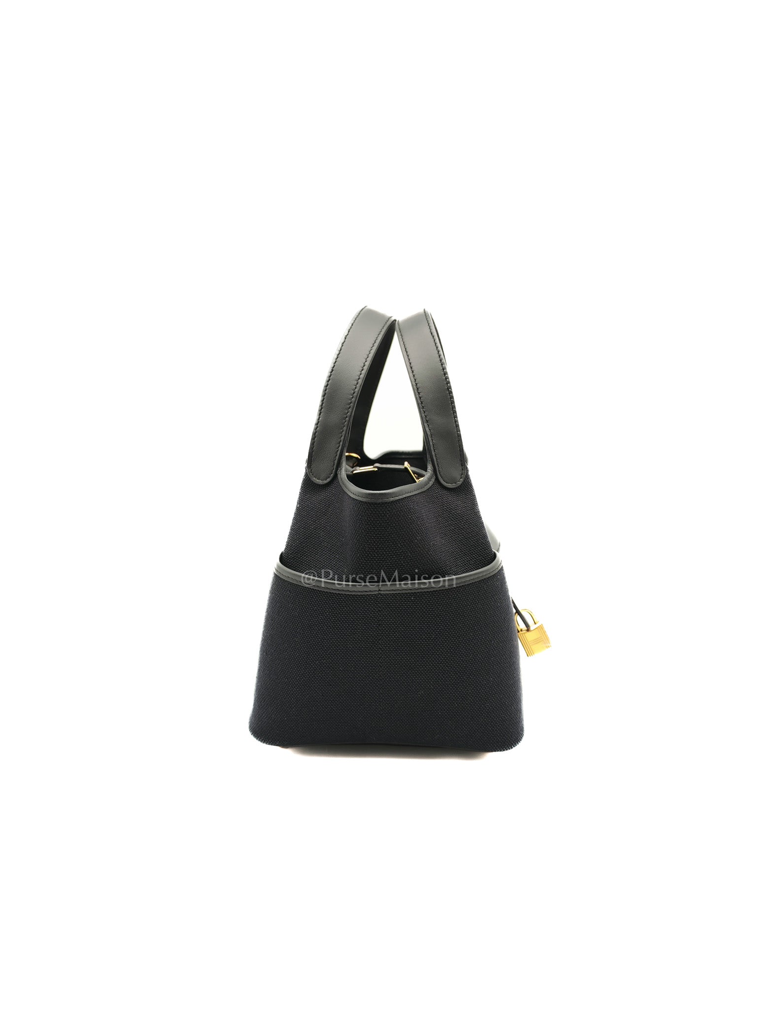 Picotin Cargo 18 in Black Swift and Toile Canvas and Gold Hardware Stamp W (2024)