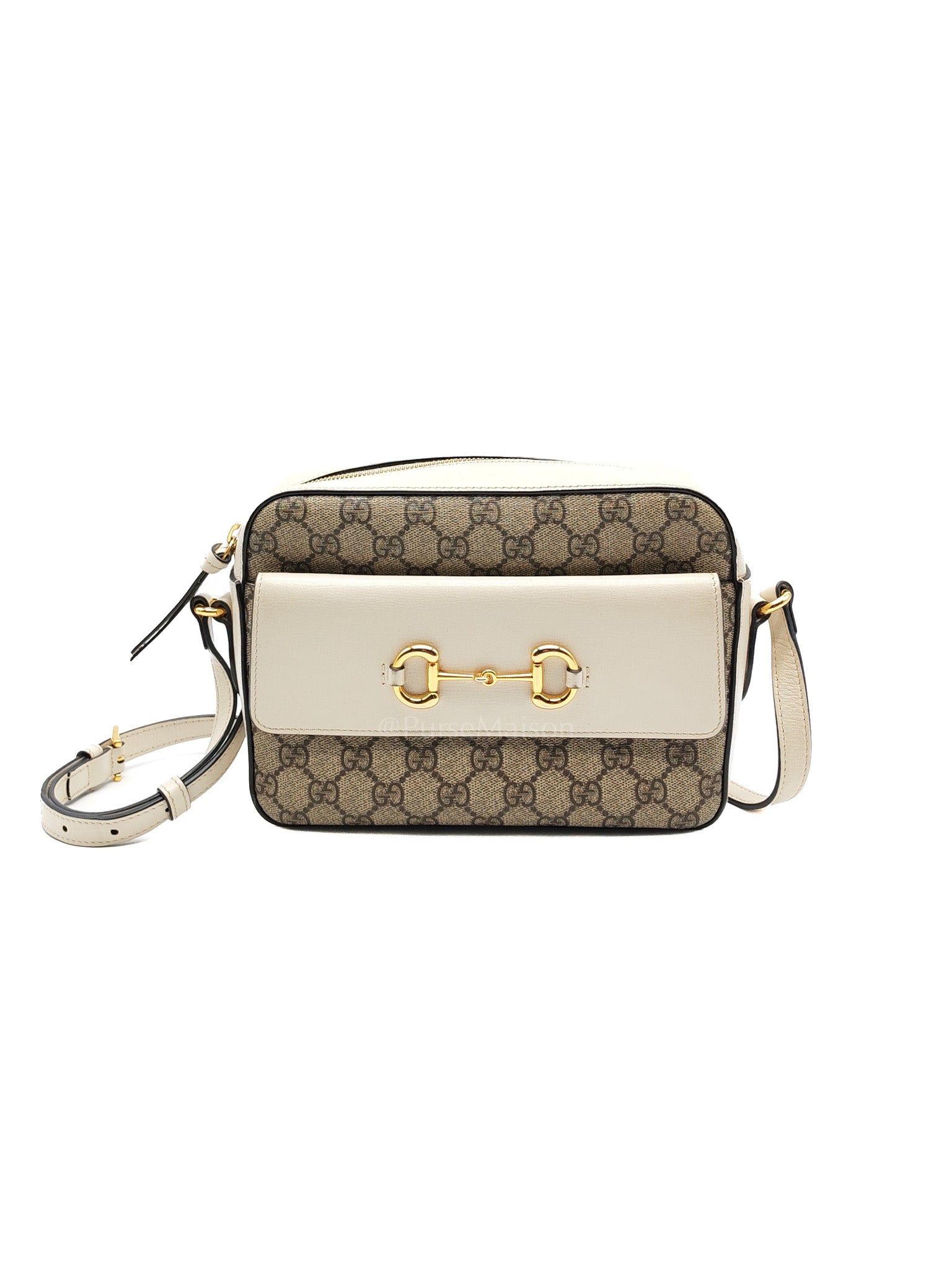 Horsebit 1955 Camera Bag Beige Mystic White Leather & GG Supreme Monogram Canvas | Purse Maison Luxury Bags Shop