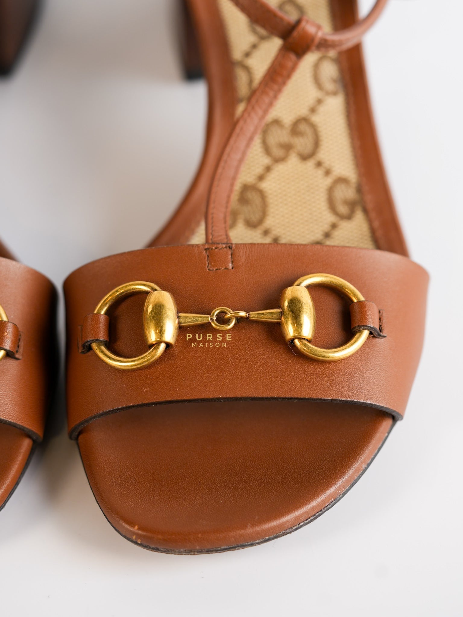 Horsebit Detail T Strap Brown Leather Sandals Size 35.5 EU | Purse Maison Luxury Bags Shop