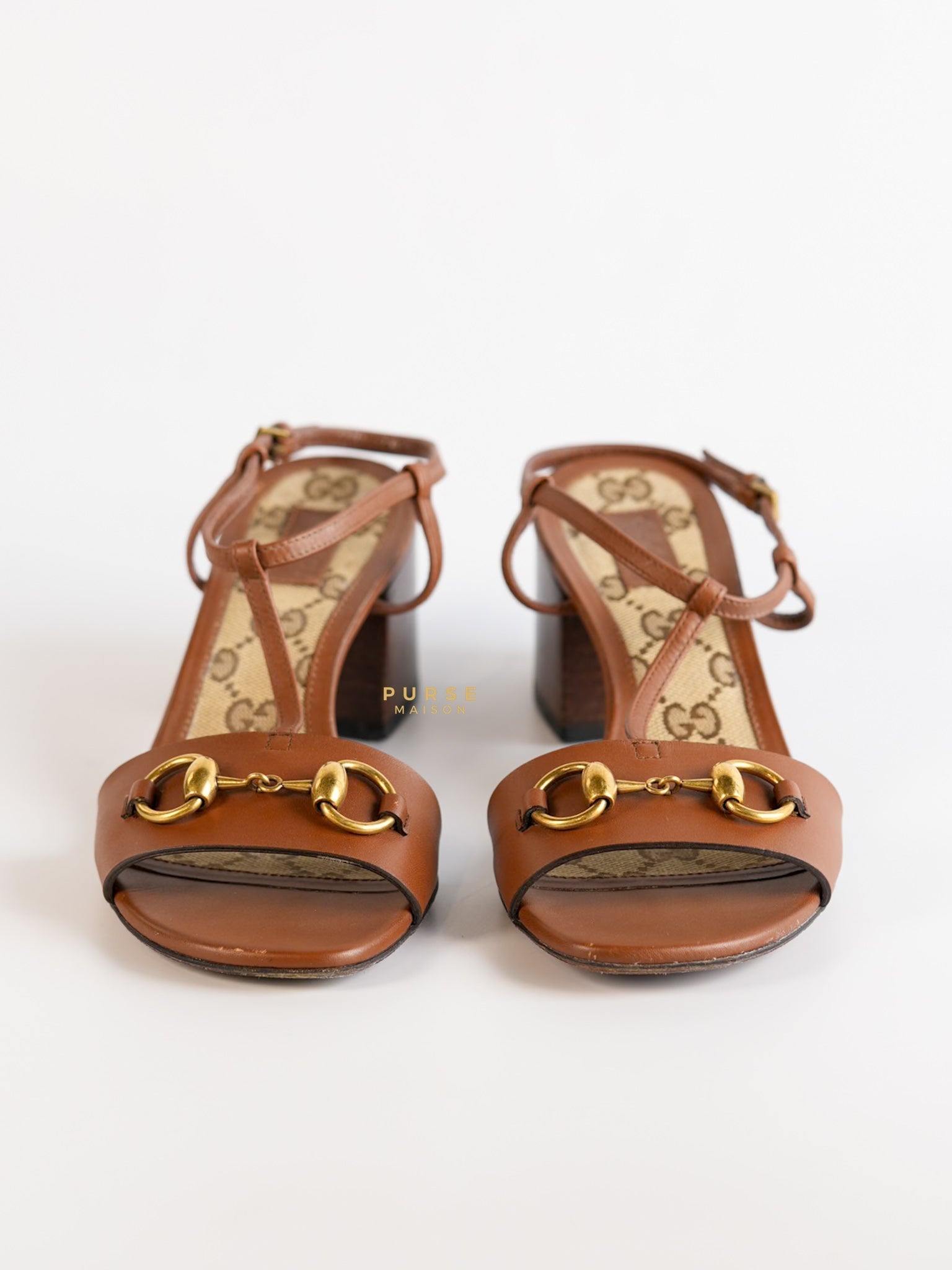 Horsebit Detail T Strap Brown Leather Sandals Size 35.5 EU | Purse Maison Luxury Bags Shop