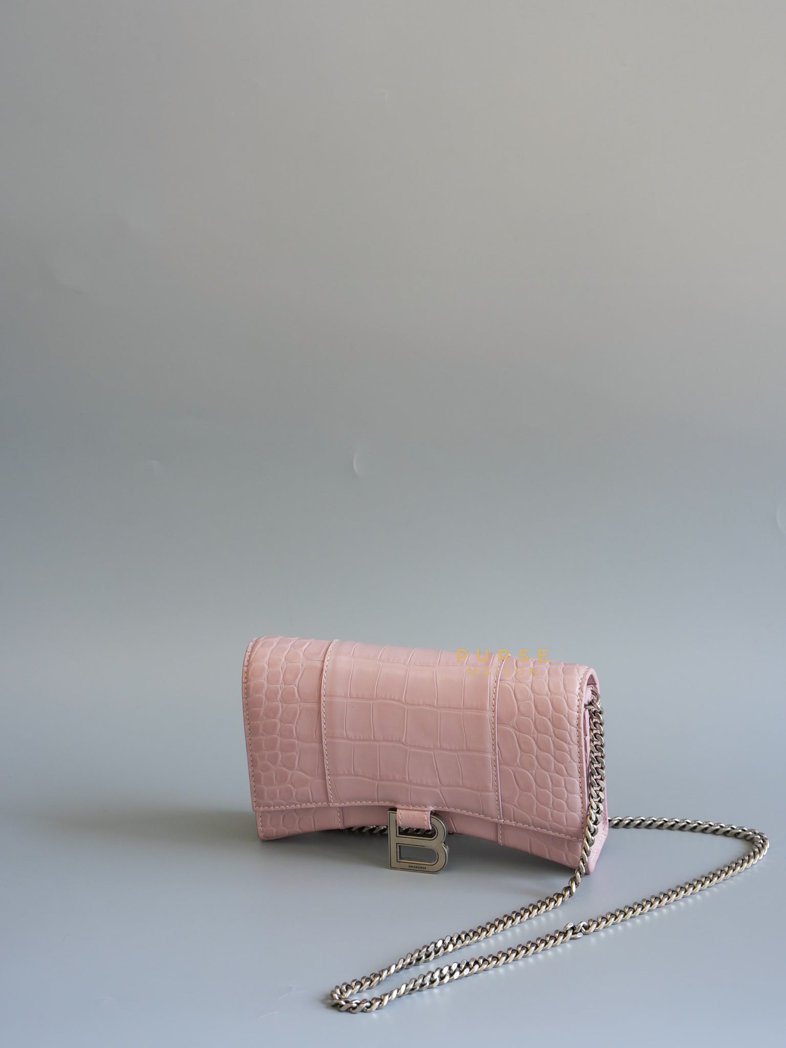Hour Glass Powder Pink Croc Leather Wallet on Chain Bag | Purse Maison Luxury Bags Shop