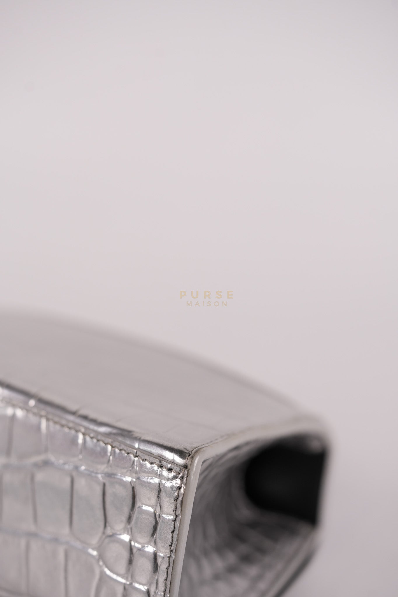 Hourglass Mini in Metallic Silver Crocodile Embossed Leather | Purse Maison Luxury Bags Shop