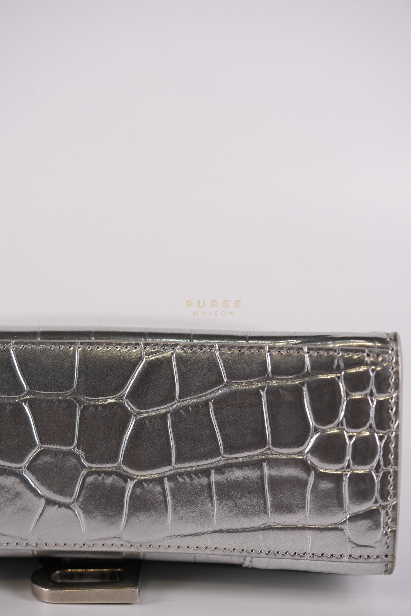 Hourglass Mini in Metallic Silver Crocodile Embossed Leather | Purse Maison Luxury Bags Shop