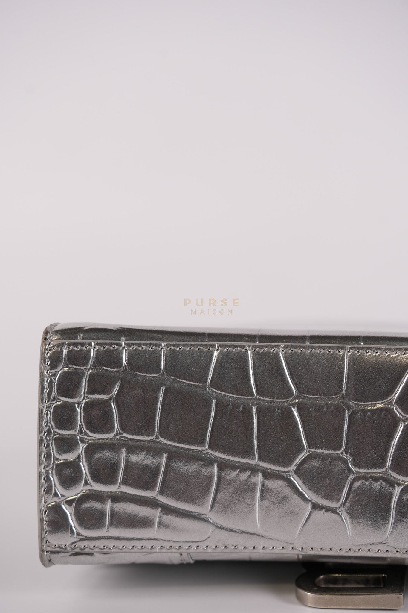 Hourglass Mini in Metallic Silver Crocodile Embossed Leather | Purse Maison Luxury Bags Shop