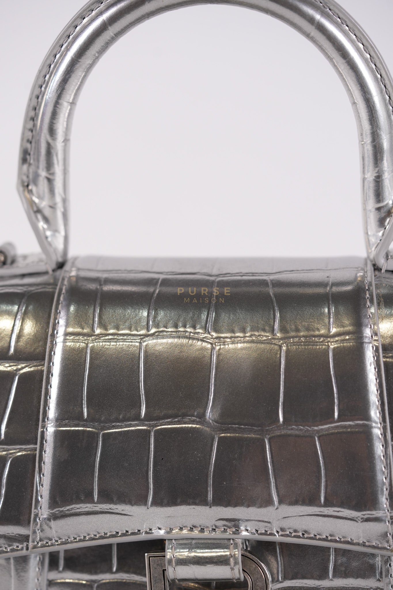 Hourglass Mini in Metallic Silver Crocodile Embossed Leather | Purse Maison Luxury Bags Shop