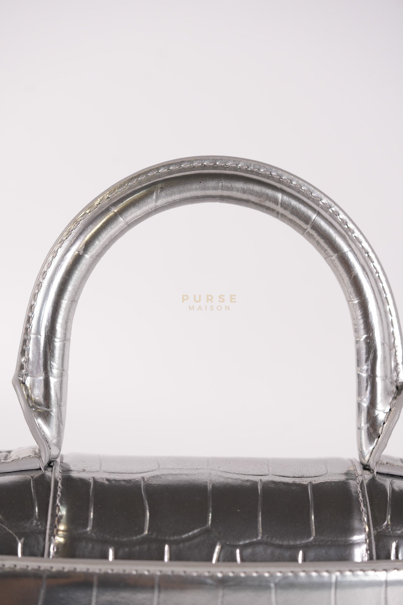 Hourglass Mini in Metallic Silver Crocodile Embossed Leather | Purse Maison Luxury Bags Shop