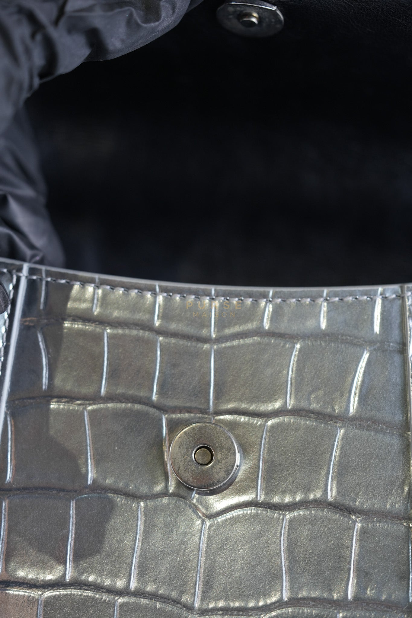 Hourglass Mini in Metallic Silver Crocodile Embossed Leather | Purse Maison Luxury Bags Shop